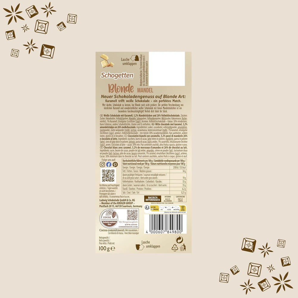Schogetten Blonde Mandel | Weiße Schokolade mit Karamell- und Mandelstückchen | 100 g | Praktisch portioniert (2er-Pack)