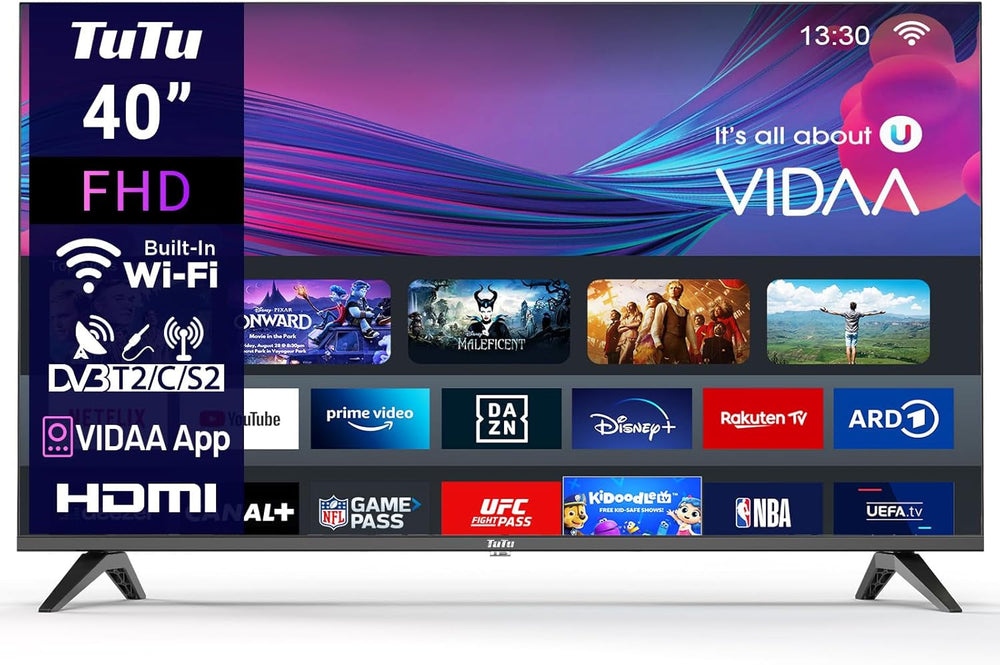 TuTu TUV32HQ1B Smart TV de 32 de inci, televizor LED HD de 80 cm cu Wi-Fi, App Store, tuner triplu (DVB-T/T2, DVB-C, DVB-S/S2), HDMI, USB