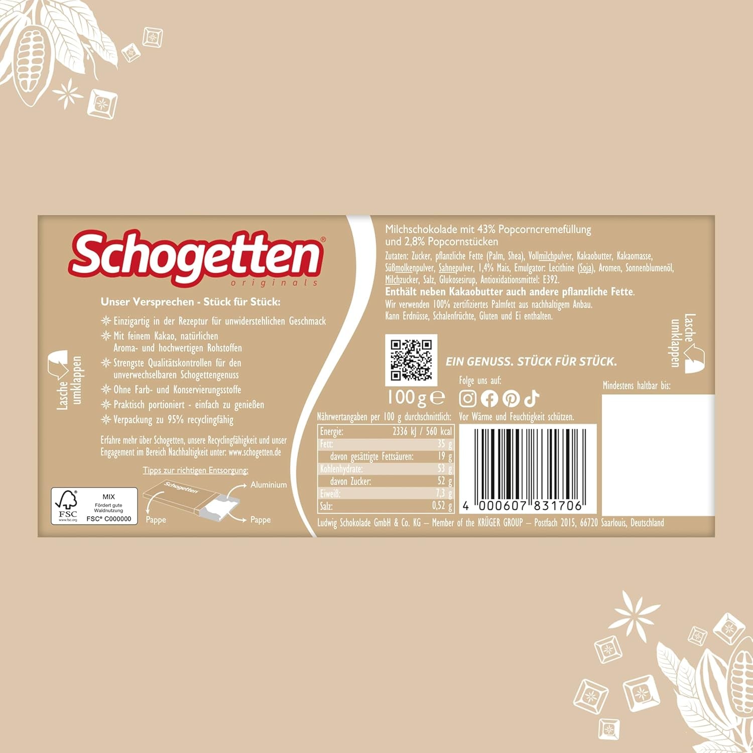 Schogetten Popcorn 1 Tafel Schokolade x 100g, Milchschokolade mit Popcorn und Maisstückchen, praktische Einzelstücke. Eine Delikatesse. Stück für Stück.