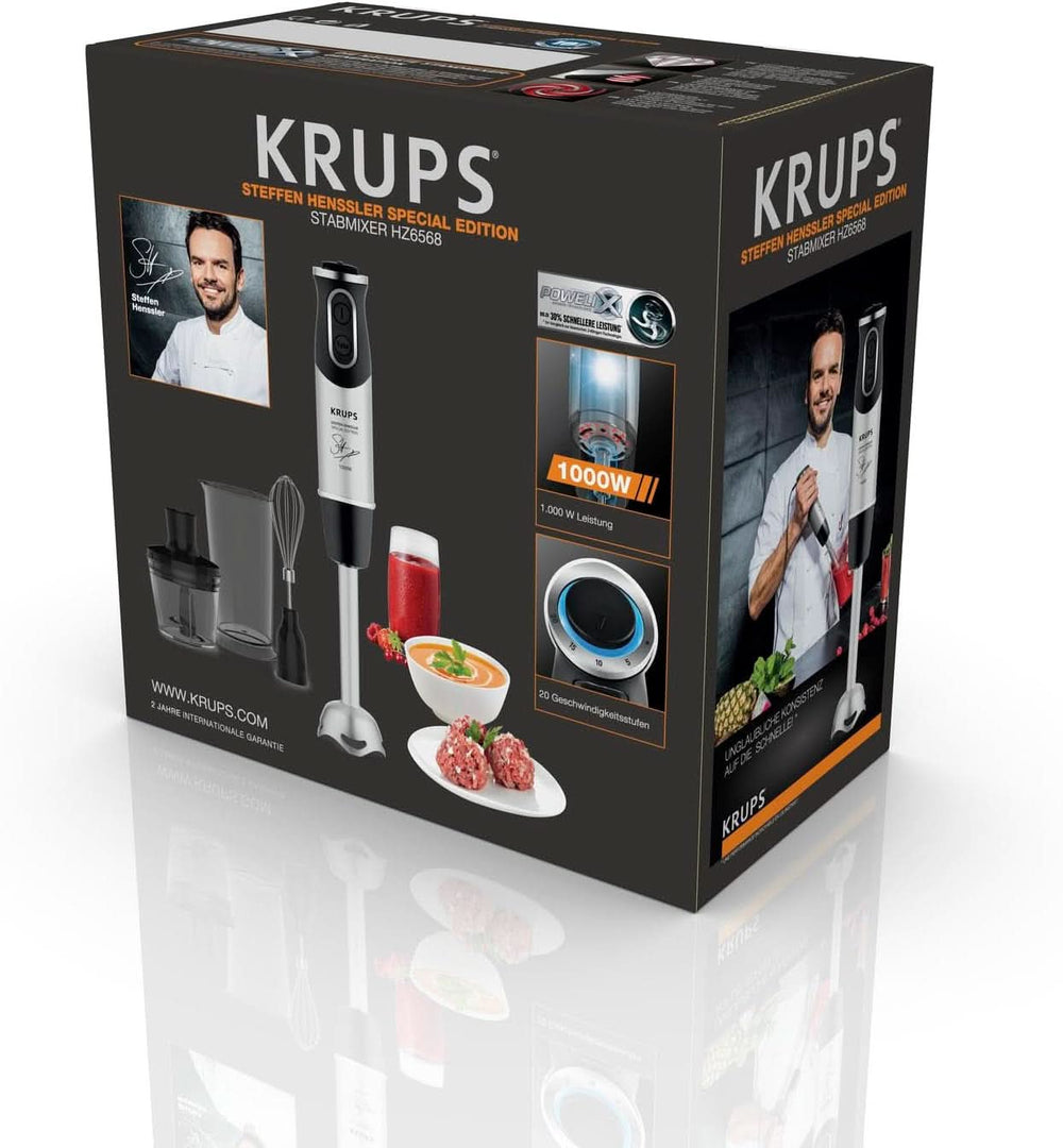 Krups Perfect Mix Standmixer HZ6568 | Mixer | 1000 Watt | Edelstahlfuß | 4 extra scharfe Messer | Powelix-Technologie | Schneebesen | 500 ml Zerkleiner | 800 ml Messbecher | Schwarz/Silber Kitchen Naty Shop