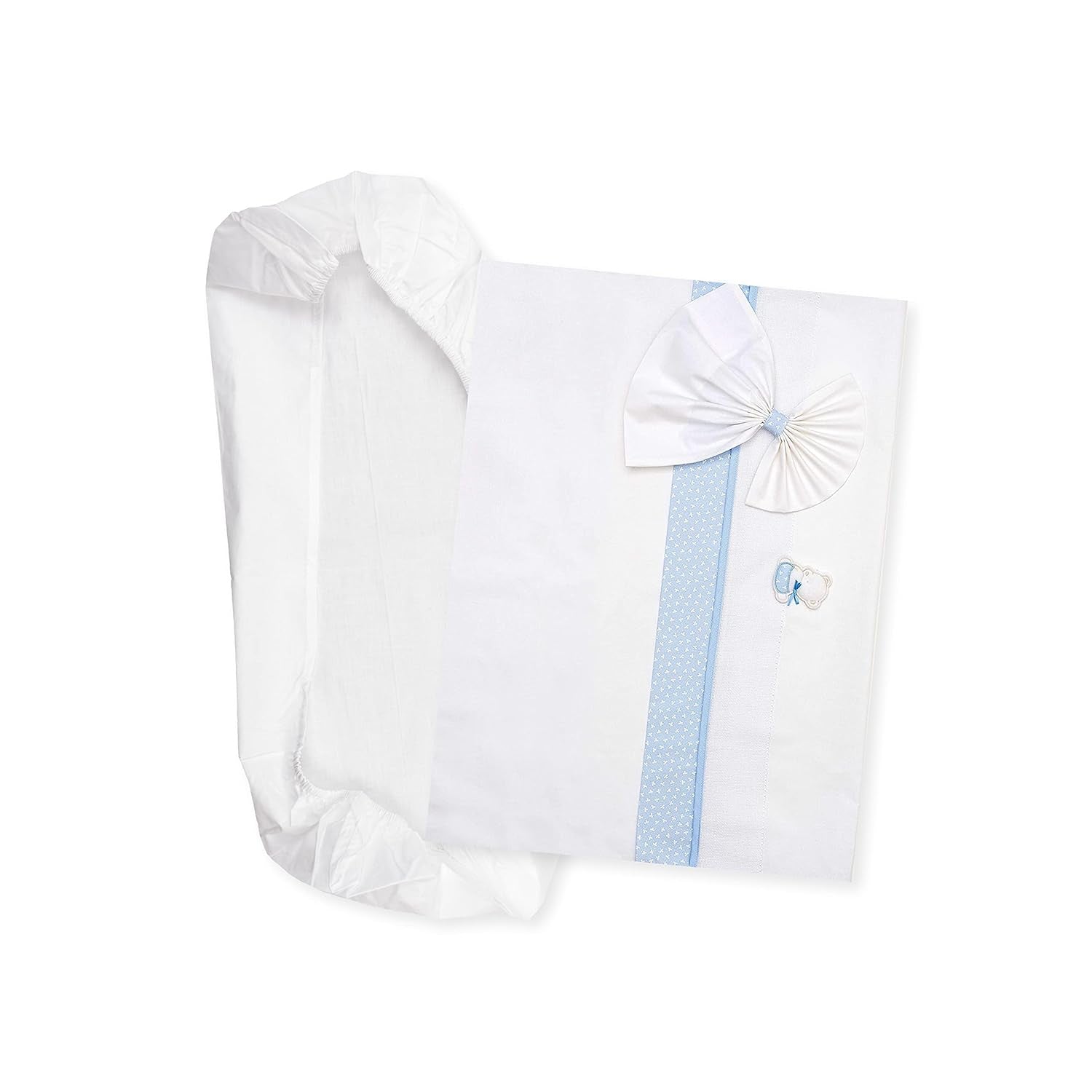 Set de lenjerie de pat Carrycot alb și roz, format din 1 cearșaf cu colțuri, 1 cearșaf de sus cu panglică Aida pentru broderie și 1 față de pernă, 100% bumbac, Made in Italy Plapumi si pilote Naty Shop Albastru deschis