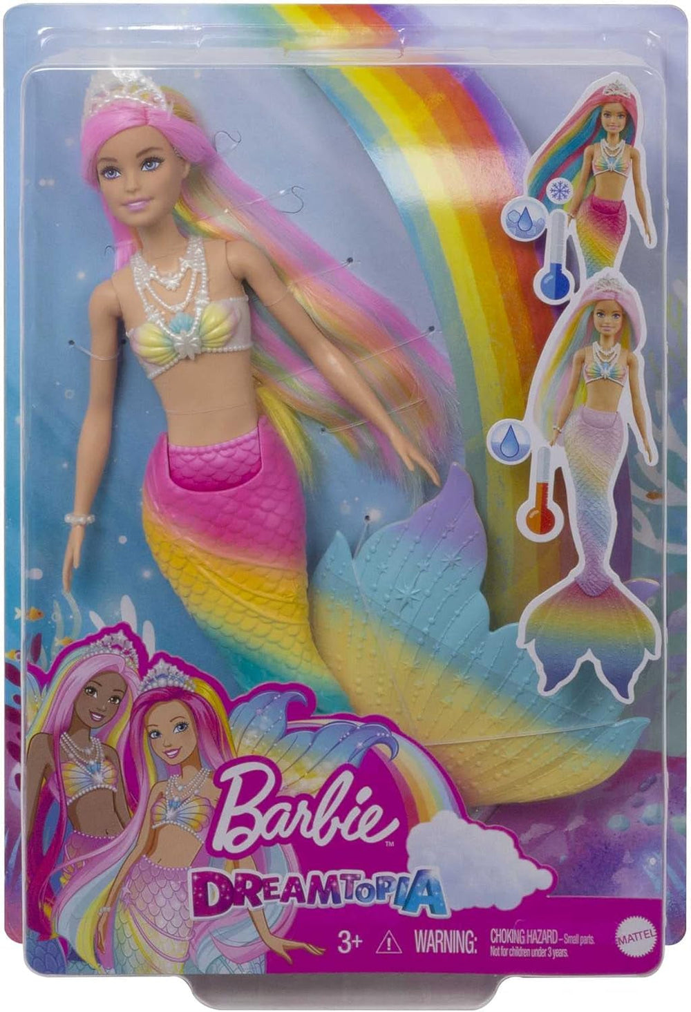 Barbie Dreamtopia Rainbow Magic Mermaid, Barbie Mermaid cu păr curcubeu, păpușă care își schimbă culoarea activată de apă, jucărie de la 3 ani, cadou pentru fete, GTF89 Papusi Naty Shop