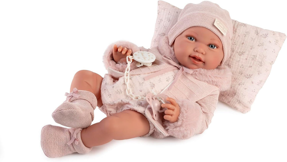 Antonio Juan Puppen für Neugeborene, Winterpfeife, realistische Babypuppe, 42 cm, mit rosa Kleidung, Schnuller und Kissen im Lieferumfang enthalten