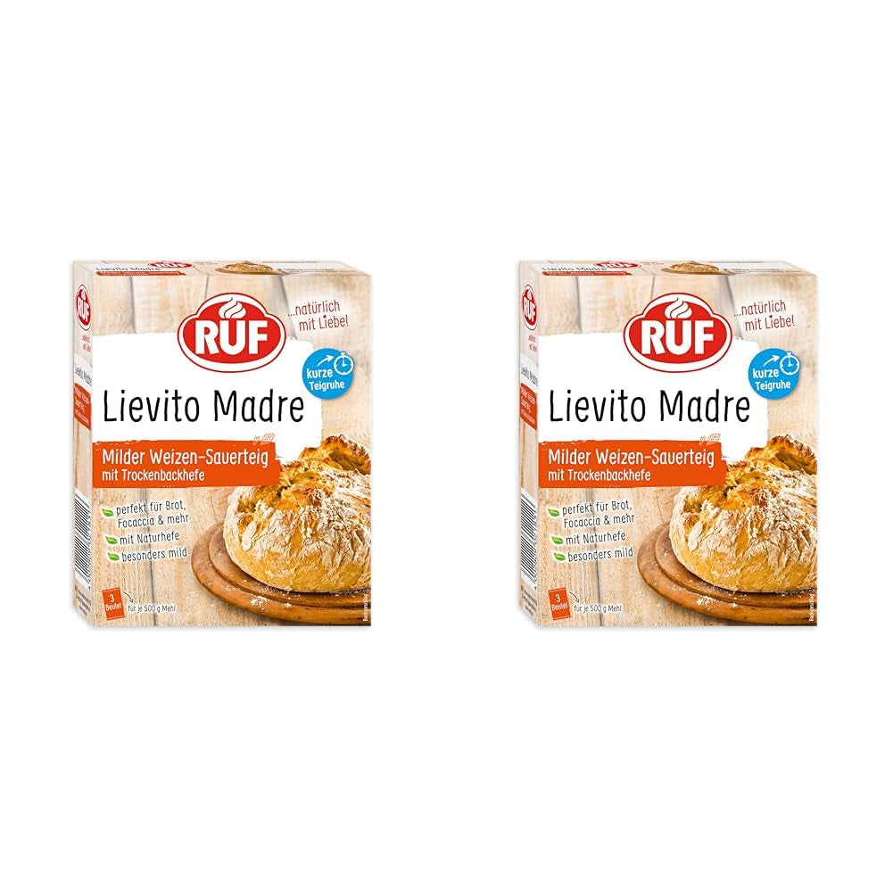 RUF Lievito Madre Sauerteig, Milder Weizen-Sauerteig, Mutterteig, Kurze Teigruhe Durch Enthaltene Trockenhefe, Lievito Madre Getrocknet Für Brot, Baguette, Focaccia, 3X35G Mischung zum Backen und Kochen Naty Shop 35 G (6Er Pack) Kurze Teigruhe