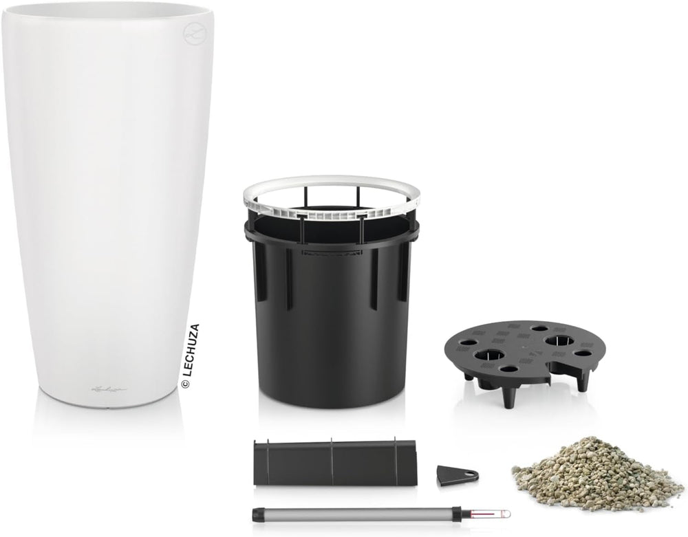 Jardinieră LECHUZA Rondo Premium 32 Alb Mat | Coloană pentru plante cu sistem de udare, indicator al nivelului apei și insert pentru plante | Finisaj mat | Ø 32,5 x 56,5 cm | 15786