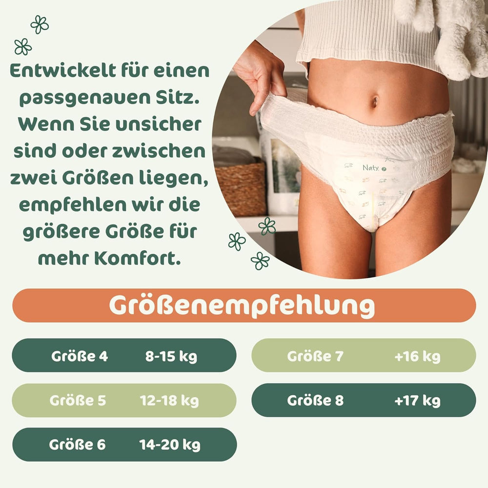 Naty FreeMovers Babywindeln | Zertifizierte hautfreundliche Windelüberhosen | Weich und parfümfrei | Saugfähig und auslaufsicher | Dermatologisch getestet Größe 5 (12–18 kg) | 80 Stück