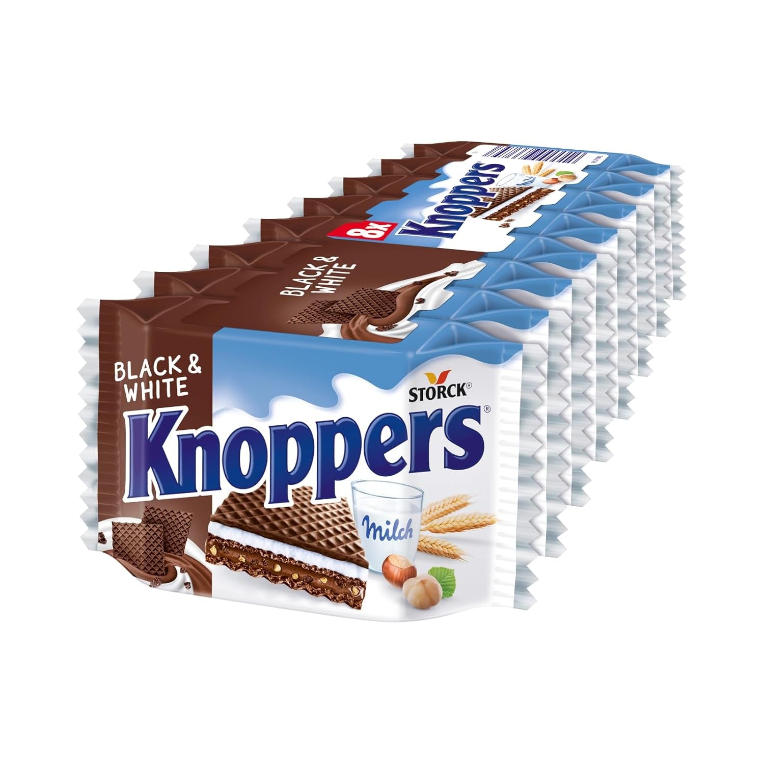 Weiße und schwarze Knoppers – 8 x 25 g – Waffelscheiben gefüllt mit dunklen Kakaowaffeln, schwarzen Keksstücken, Milch und Nougatcreme