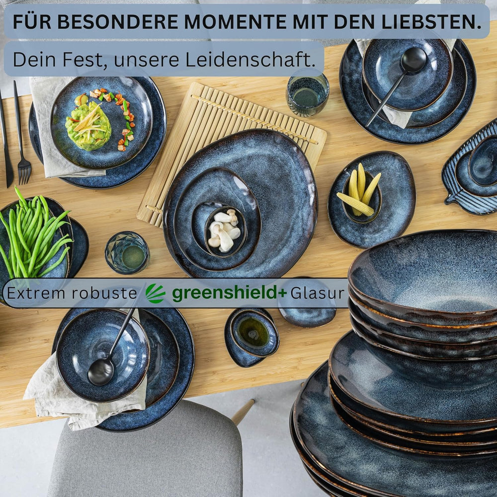 Sänger | Set de veselă Tokyo cu 36 de piese, veselă pentru 12 persoane, set de veselă din gresie, modern lucrat manual, veselă albastru închis cu accente negre | COLECȚIA PREMIUM