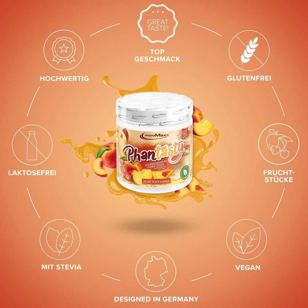 Ironmaxx Phantasty - Cremiger Pfirsich 250G Dosis | Veganes Geschmackspulver mit echten Frucht- oder Nussstückchen | Perfekter Zuckerersatz Sweeteners Naty Shop