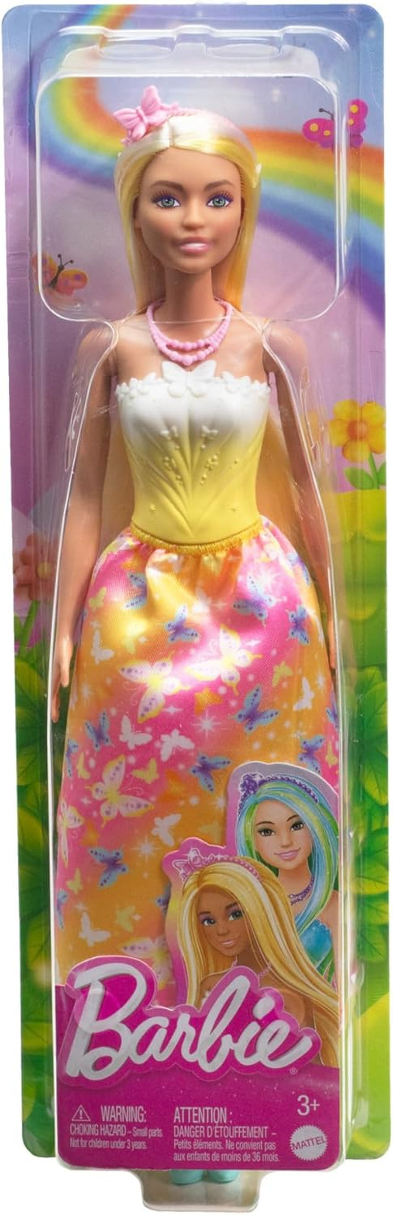 Păpușă Barbie Royal cu păr fantezist cu șuvițe colorate, accesorii colorate, top galben cu gradient și fustă cu model fluture, HRR09 Papusi Naty Shop