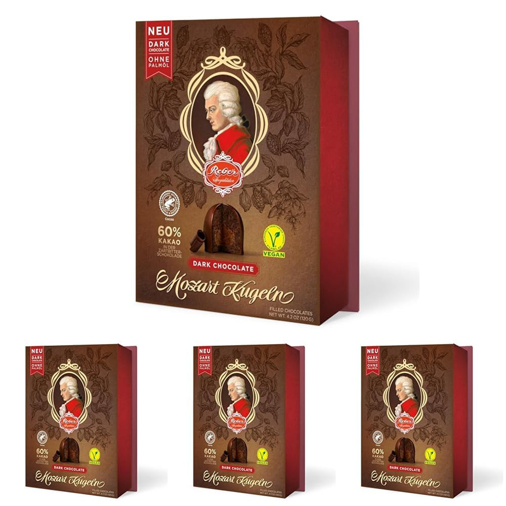Reber Mozartkugeln mit Zartbitterschokolade, 6er Pack mit Marzipan und Nougat, vegan – 1 x 120 g