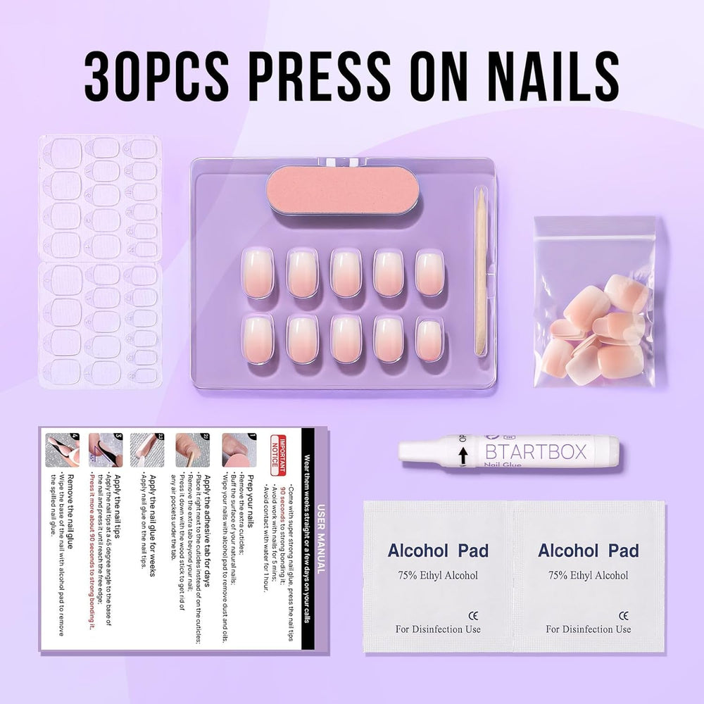 Btartbox Unghii False Scurte și Pătrate, Model Baby Boomer, pentru Lipire, Unghii False Albe, Roz Gradient, Unghii Artificiale Scurte cu Lipici de Unghii, 30 Bucăți Unghii False Artificiale Pătrate