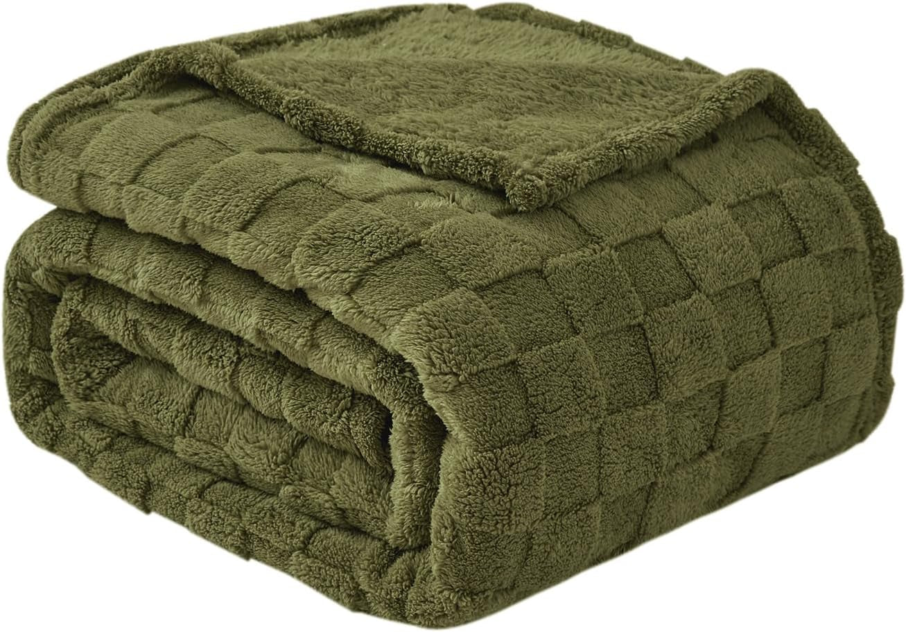 Good Nite Cosy pătură Fluffy Couch Throw pătură Fleece Bedspread Cosy Soft Checked Green pătură primăvară vară toamnă iarnă patru anotimpuri (150X200Cm Olive Green) Paturi si Cuverturi Good Nite Verde măsliniu 150 X 200 Cm