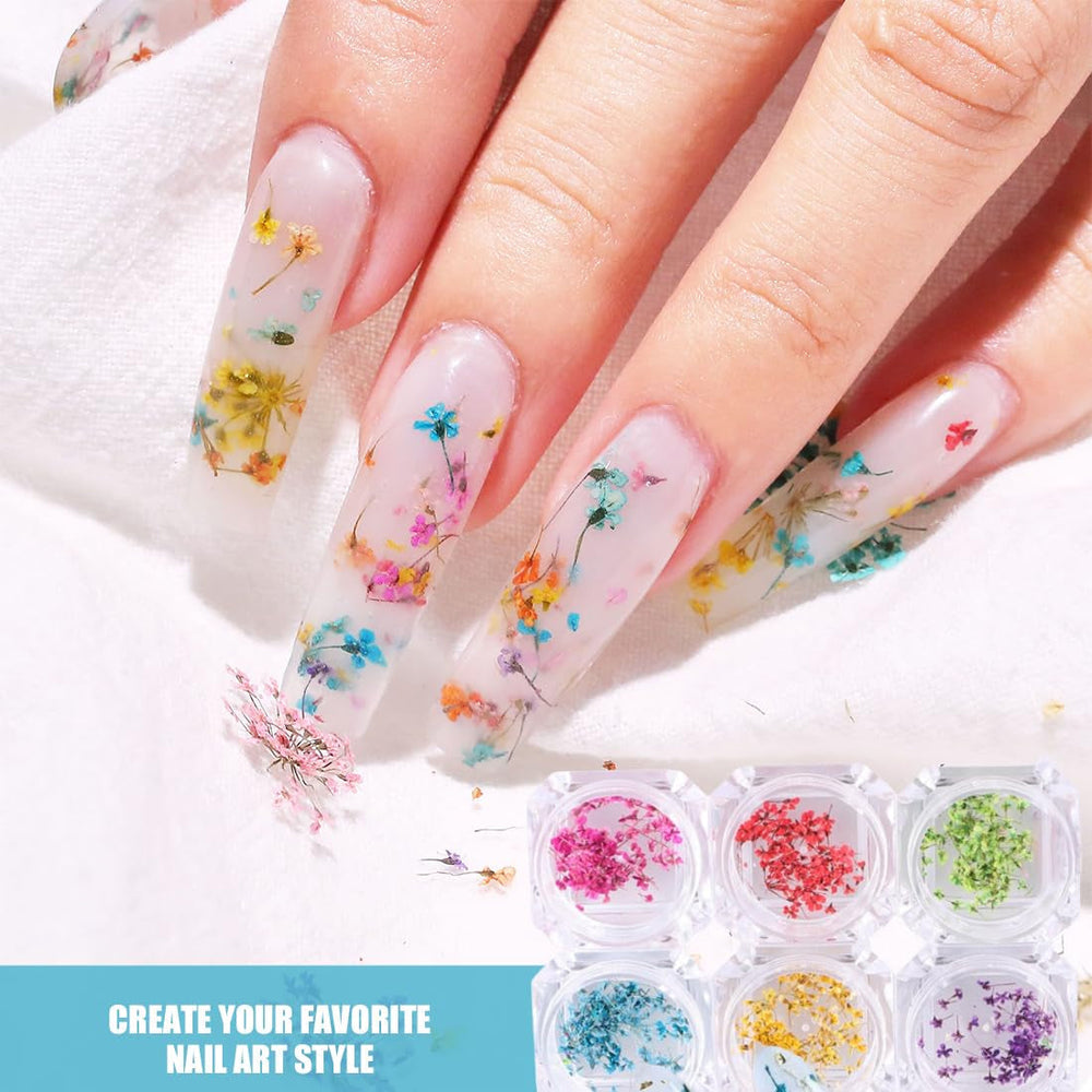 EYVRPAU 6 Stück Nail Art Flowers Set Decoration,Gelnägel Zubehör 6 Farben,Nail Art Aufkleber Trockene Blumen Kit Getrocknete Blumen Zubehör Set DIY Nageldekoration