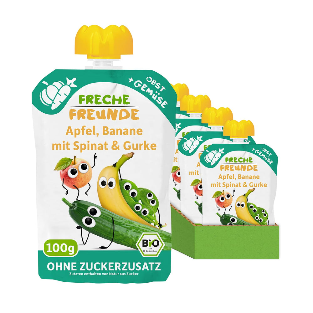 FRECHE FREUNDE Bio-Quetsch-Früchtebeutel mit Äpfeln, Bananen, Spinat und Gurke, püriertes Obst und Gemüse im Quetschbeutel für Babys ab 6 Monaten, vegan, 6er-Pack (6 x 100 g)