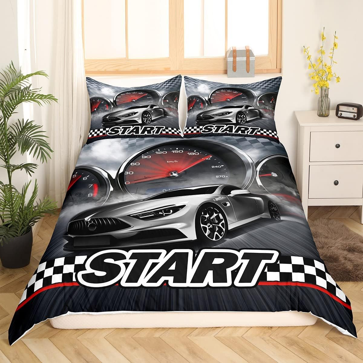Jungen Cartoon Auto Bettwäsche Set 135X200,Kinder Bau Fahrzeuge Tröster Abdeckung Für Kind Kleinkind Teens,Dinosaurier Bettbezug,Traktor Maschinerie Bagger Bettdecke Abdeckung,Lkw Autos Bettwäsche Naty Shop Multi 3 135*200+80*80*1