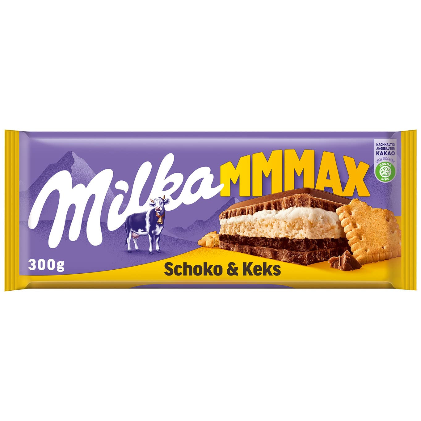 Milka Mmax Schokolade und Kekse – Alpenmilchschokolade mit Milchcremefüllung und knusprigen Keksstückchen – 300g
