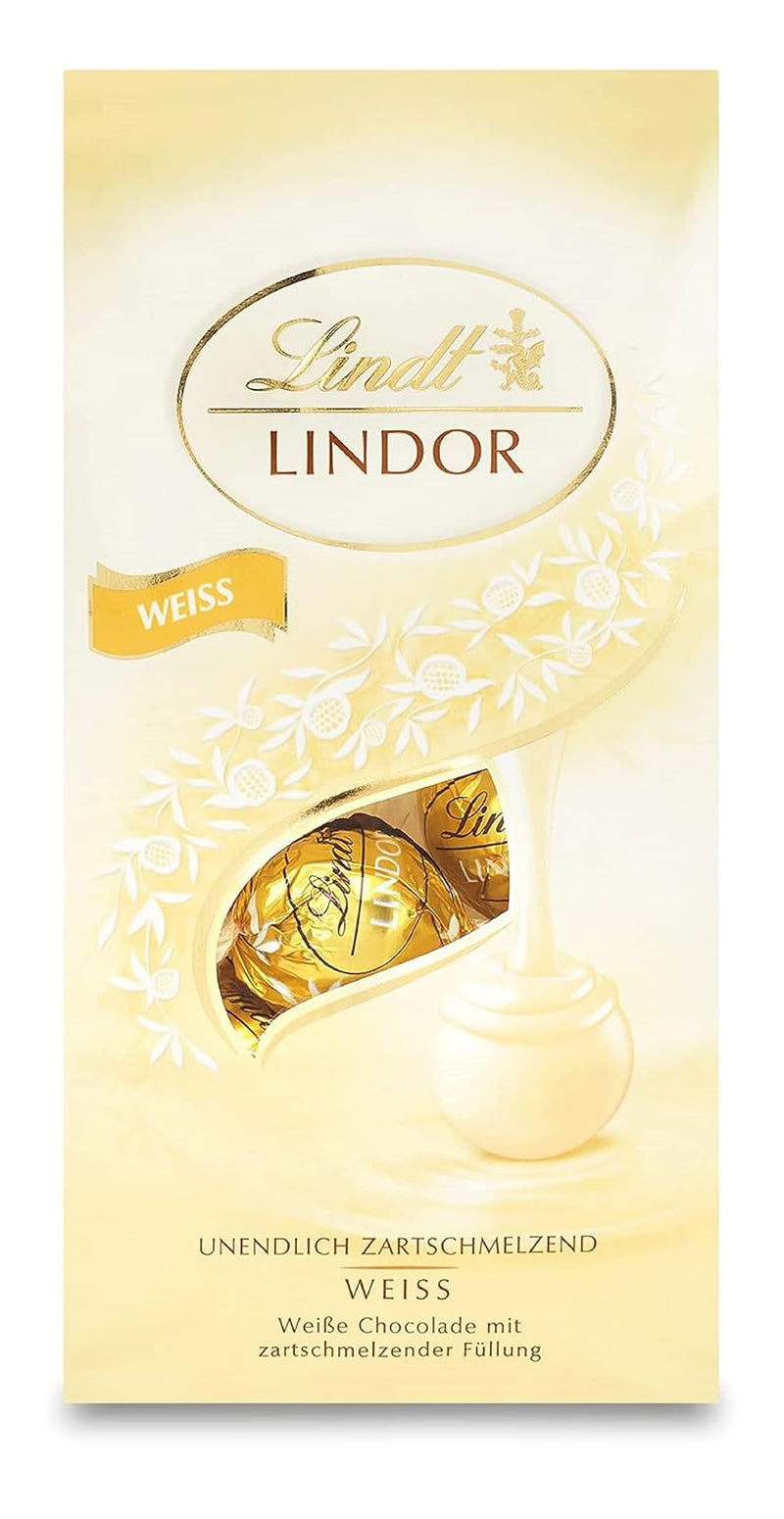 Lindt weiße Schokoladenkugeln LINDOR | 137g Beutel | Ca. 10 weiße Schokokugeln mit zartschmelzender Füllung | Geschenk aus Schokolade | Schokoladengeschenk