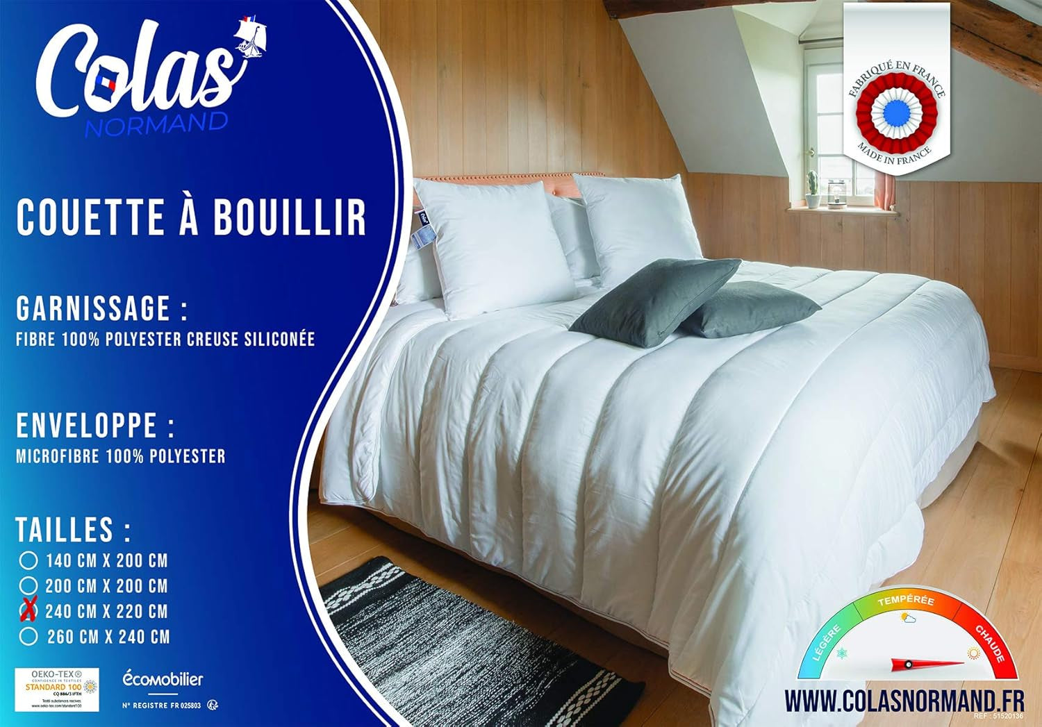 COLAS NORMAND Plapumă caldă, lavabilă la 95°C, 240 X 220 Cm, durabilă, microfibră, moale, mătăsoasă și confortabilă, fabricată în Franța, albă Plapumi si pilote Naty Shop