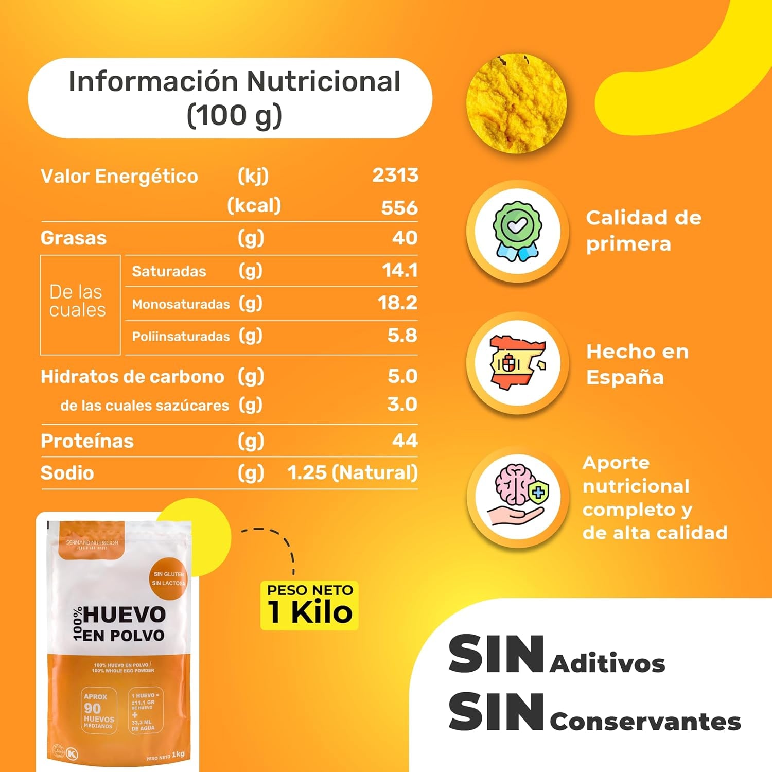 Eipulver aus Freilandeiern (1kg) | Pasteurisiertes Vollei Pulver | Ohne Zusatztoffee | Glutenfrei & laktosefrei | Vakuumverpackung im Zip-Beutel