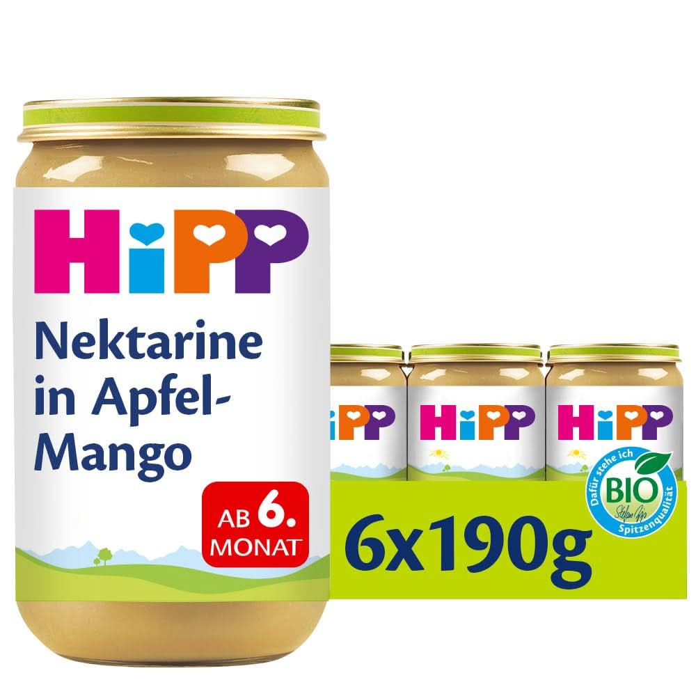 Hipp für kleine Feinschmecker, Nektarinen in Äpfeln und Mangos, ohne Zuckerzusatz, 6 x 190 Gramm Mutter und Kind Naty Shop 190 Gramm Obst