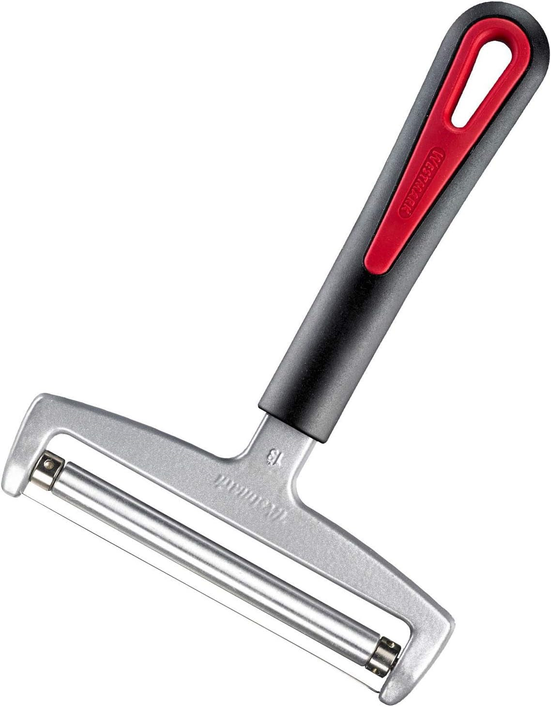 Westmark Käseschneider mit Rolle und auswechselbarem Schneiddraht, Variable Schnittstärke, Breite: 12 cm, Rostfreier Edelstahl/Aluminium/Kunststoff, Schwarz/Rot, 29272260, 17 x 12 x 2 cm