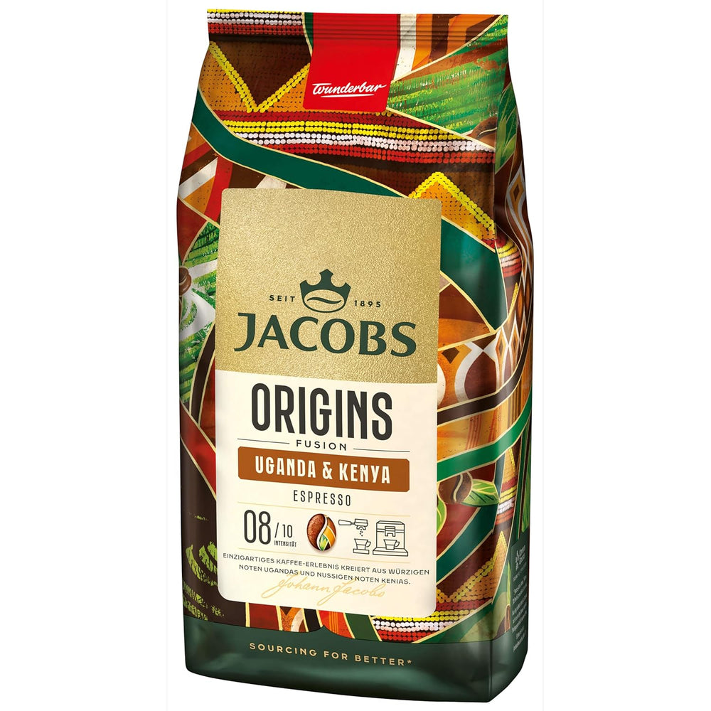 Boabe de cafea Jacobs Origins Uganda și Kenya, espresso corpolent cu o notă picantă, intensitate 8/10, boabe întregi de cafea, 1 kg