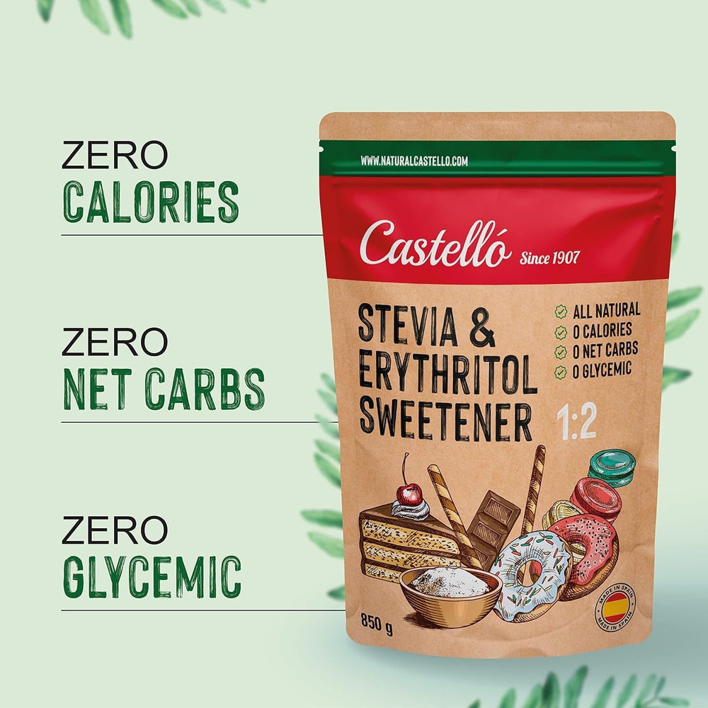 Stevia + Erythritol 1:2 Süßstoff | 1G = 2G Zucker | 100% Natürlicher Zuckerersatz - 0 Kalorien - 0 Glykämischer Index - Keto Und Paleo - 0 Netto-Kohlenhydrate - Kein GVO - Castello seit 1907 - 850 G Süßstoffe Naty Shop