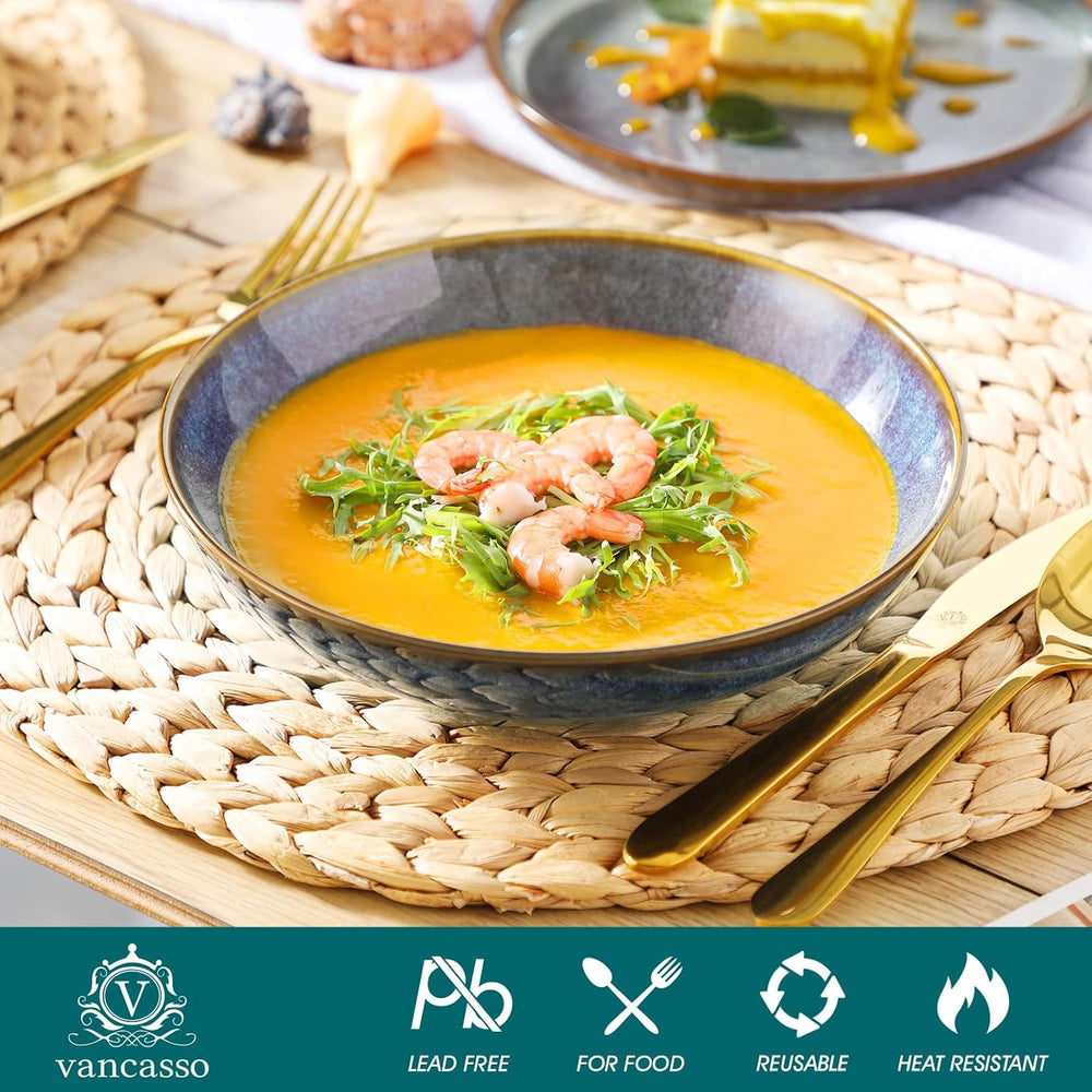 Geschirrset 6 Personen, vancasso PLAYA 24tlg Reaktive Glasur Steingut Tafelservice 6 Personen Modern, Beinhaltet Schüssel, Suppenteller, Dessertteller, Speiseteller, Spülmaschinenfest, Lavendelblau