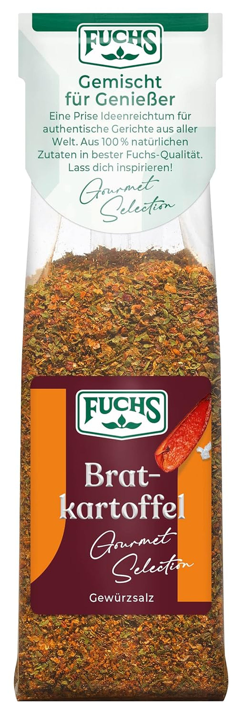 Fuchs Gourmet Selection Klassisch/Heimisch – Bratkartoffel Gewürzsalz, nachfüllbares Kartoffelgewürz, Salz zum Würzen von Brat- & Ofenkartoffeln, Pommes Frites & Co, vegan, 70 g