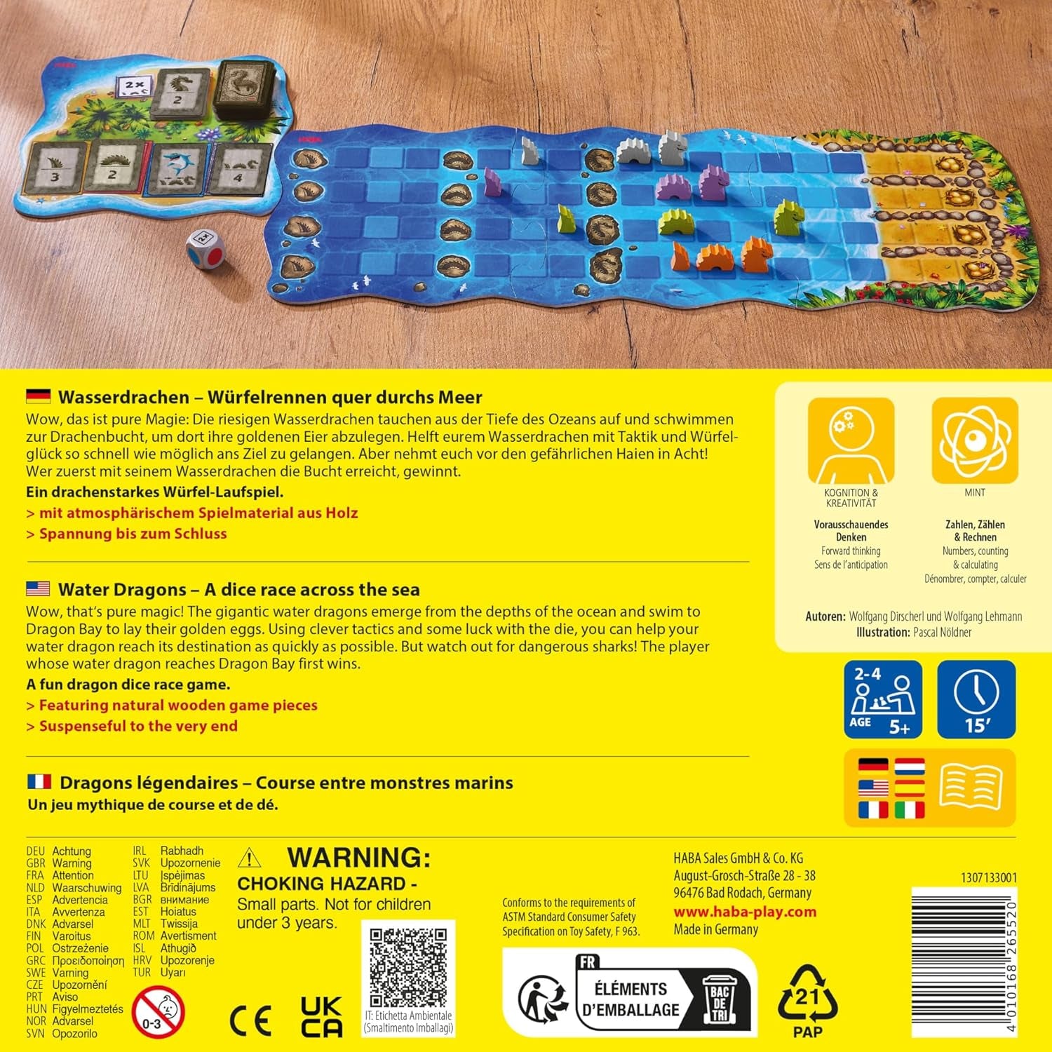HABA Wasserdrachen – Würfel- und Strategiespiel für Kinder ab 5 Jahren – Spannendes Brettspiel mit Drachen und Holzfiguren – Familienspiel für 2–4 Spieler – 1307133001