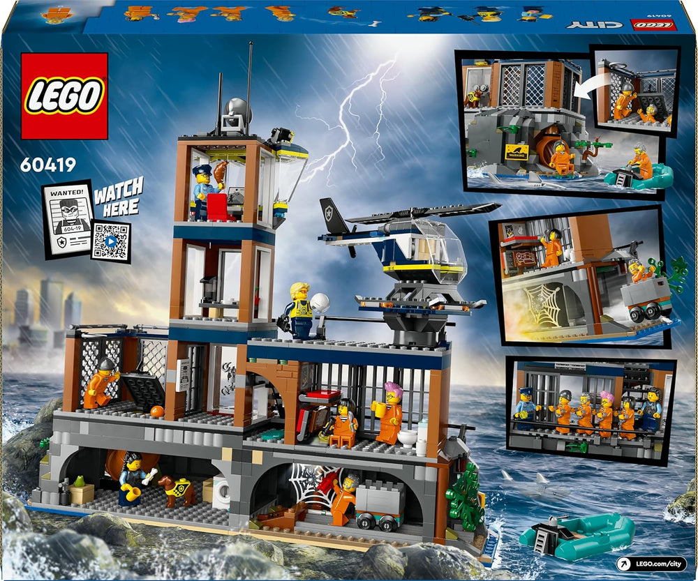 LEGO City Polizeistation auf der Gefängnisinsel, Polizeispielzeug mit Hubschrauber, Stiefel und Hai, Set mit 7 Minifiguren und Hund, Geburtstagsgeschenk für Jungen und Mädchen ab 7 Jahren 60419