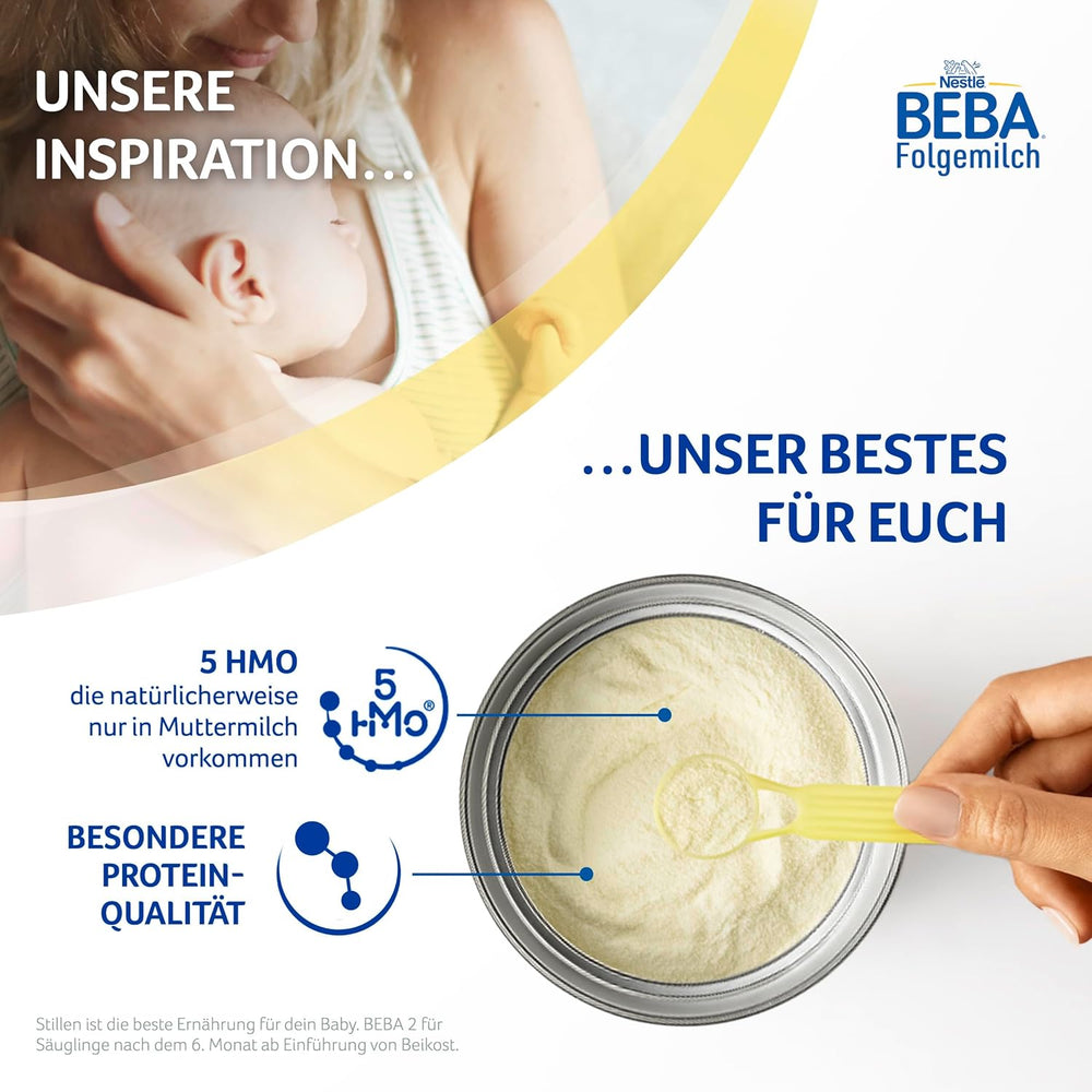 BEBA 2 - Folgemilch nach 6 Monaten, mit 5 HMO-Komplex, altersgerechter Proteingehalt, laktosefrei, palmölfrei, fischölfrei, Babynahrung, Babymilchpulver, 3er Pack (3 x 800g)