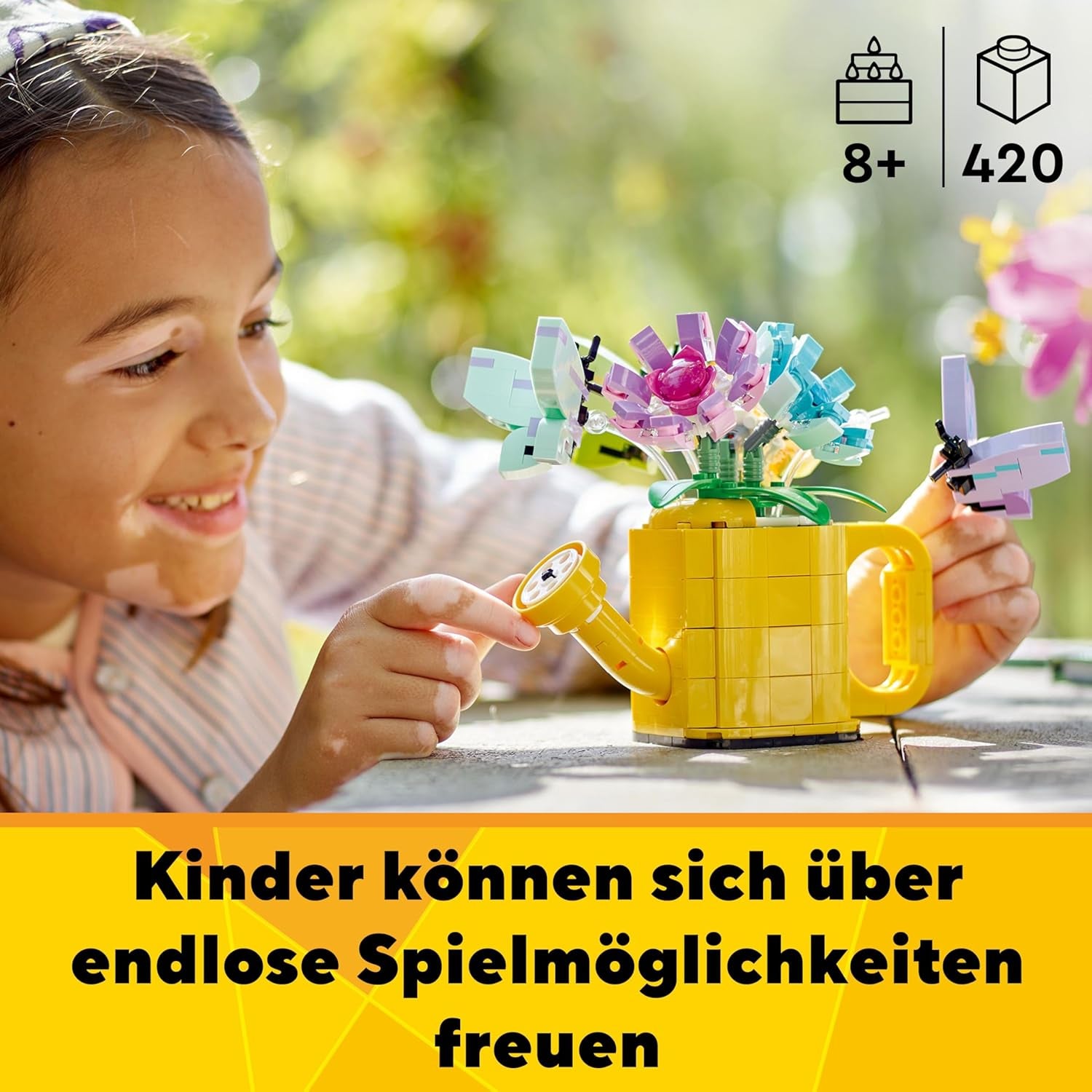 LEGO Creator 3-in-1-Spielzeug mit Blumen in der Gießkanne, Gummistiefel für 2 Vögel auf einer Stange, Tierset für Mädchen, Jungen und Kinder, mit 3 Schmetterlingsspielzeugen, tolles Schreibtischzubehör, Naturgeschenk 31149