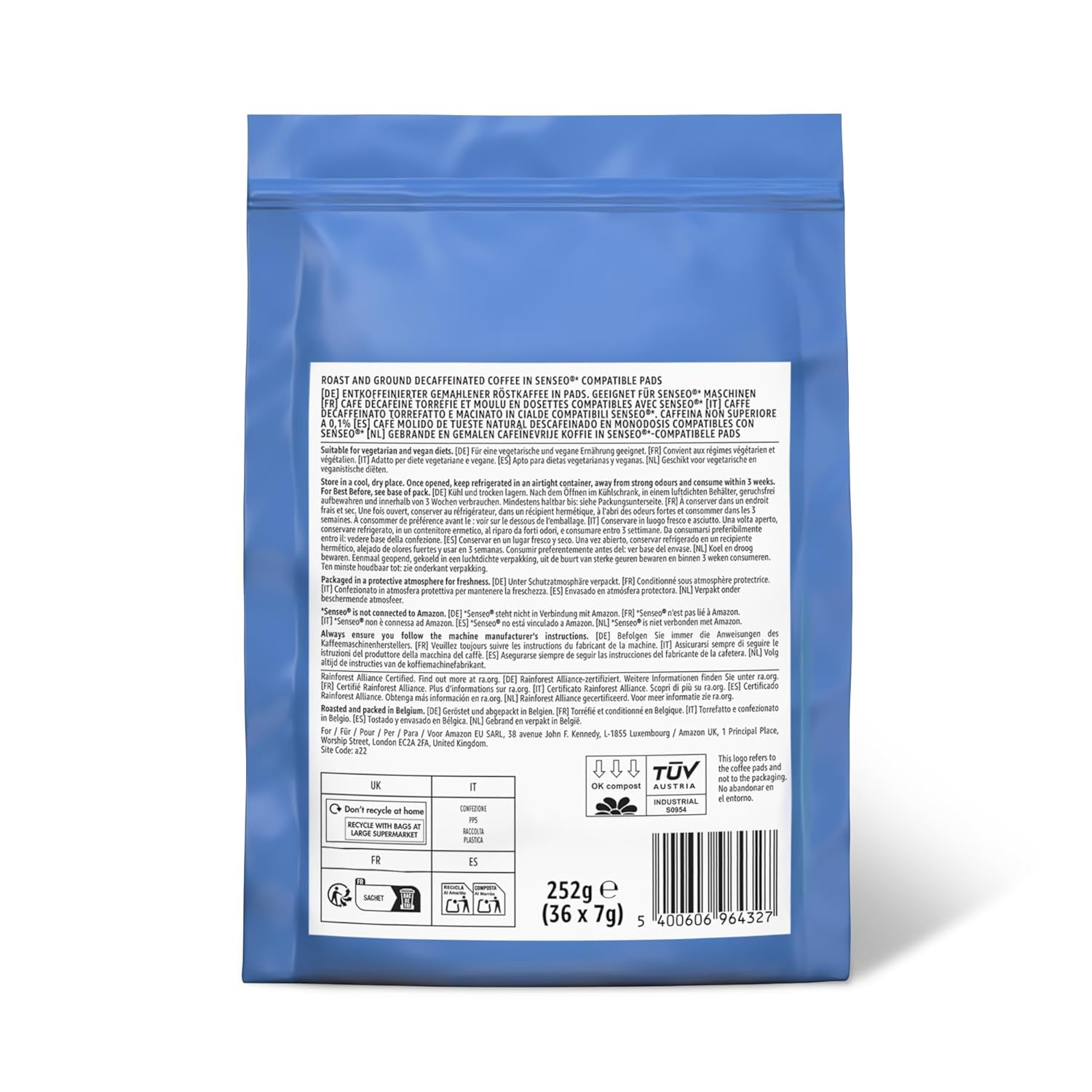 Kaffeepads Decaf 100% Arabica, Geeignet für Senseo Maschinen, 36 Stück (1er-Pack) (Packung mit 2)