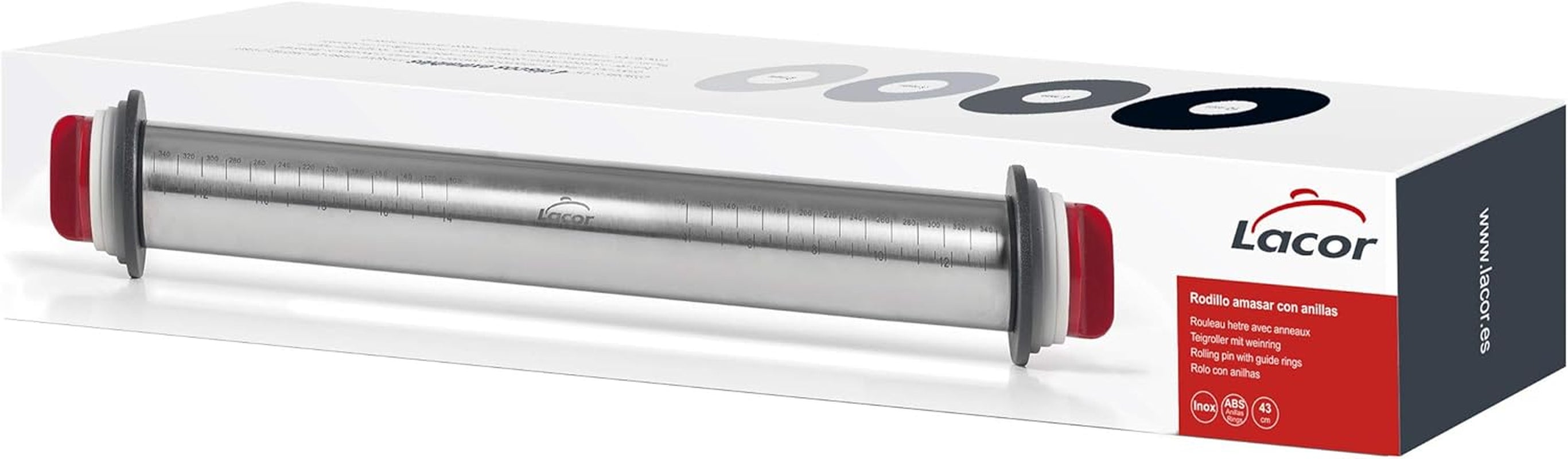 - 67143 - Amasar Küchenroller, 4 abnehmbare Scheiben, Edelstahl, gravierte Messzeichen, Alle Masse, 41,5 cm, Spülmaschinenfreundlich, Grau