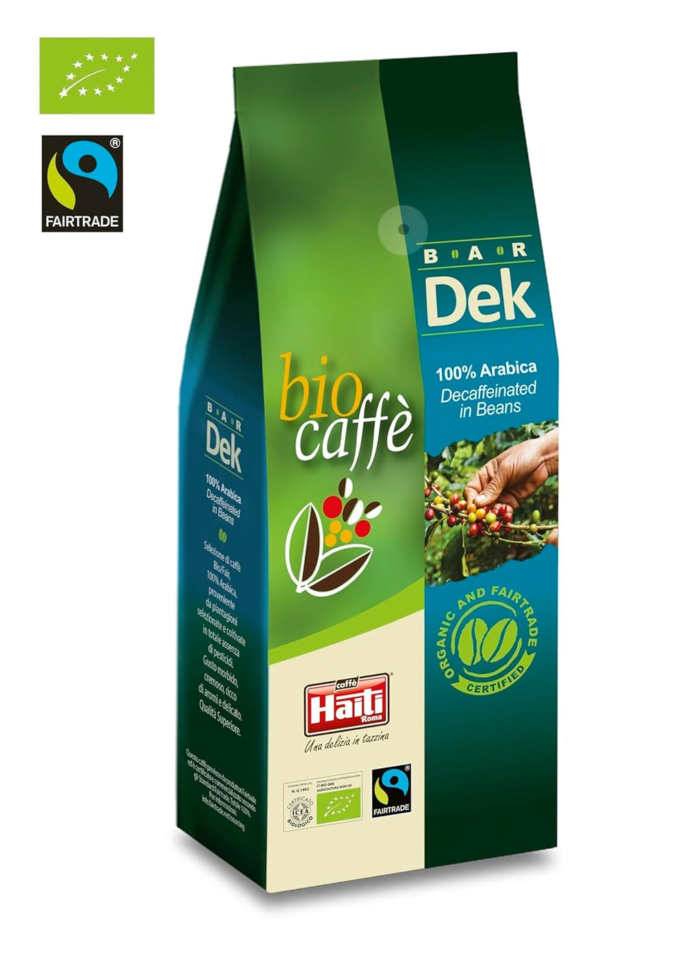 Cafea boabe decofeinizate organice Caffè Haiti Roma, 100% Arabica, certificată Fairtrade, calitate organică, pachet de 2 x 500g