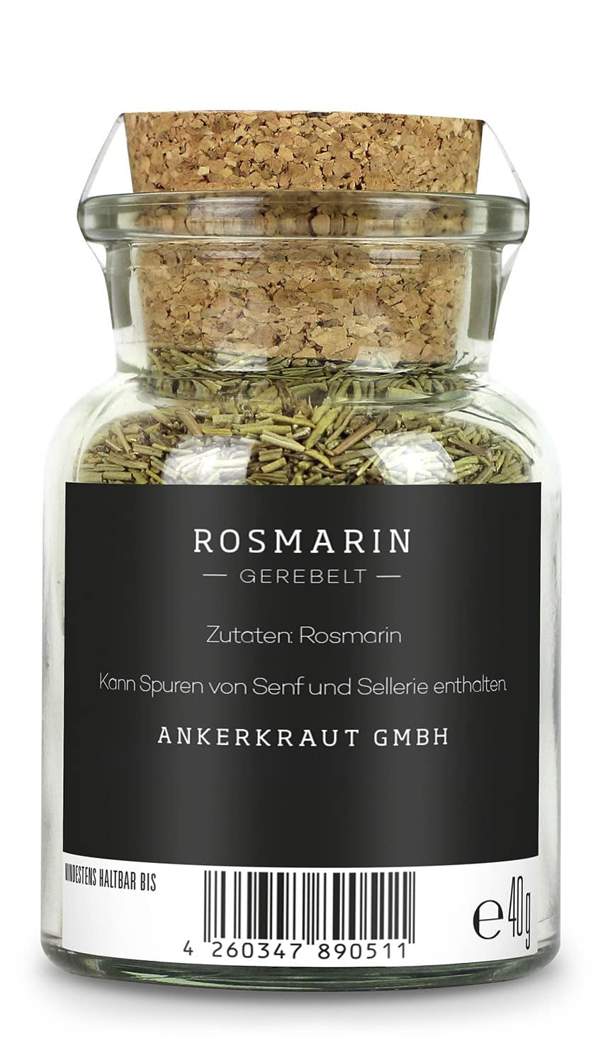 Ankerkraut Rosmarin Gewürze, gerebelt, getrocknet, perfekt für Kartoffeln, Essen mit Kartoffeln würzen, Kartoffelspalten, Wedges, Gitterkartoffeln würzen, 40g im Korkenglas