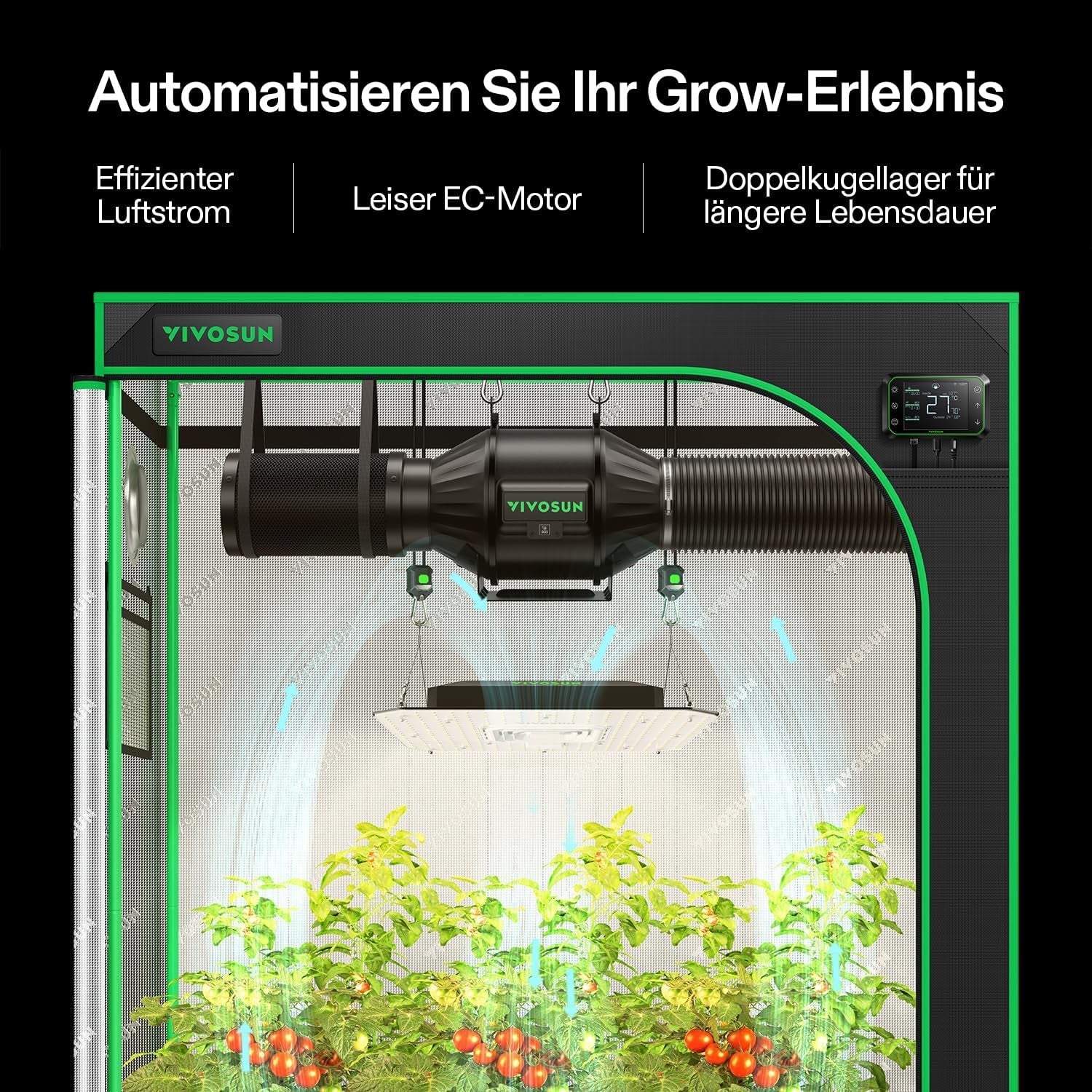 VIVOSUN Smart Grow System mit 100 W AeroLight A100SE LED-Lampe mit integriertem Umwälzventilator, AeroZesh T4 100 mm 357 m³/h Kanalventilator und GrowHub E42A Controller für Wachstumszelte und Indoor-Anbau