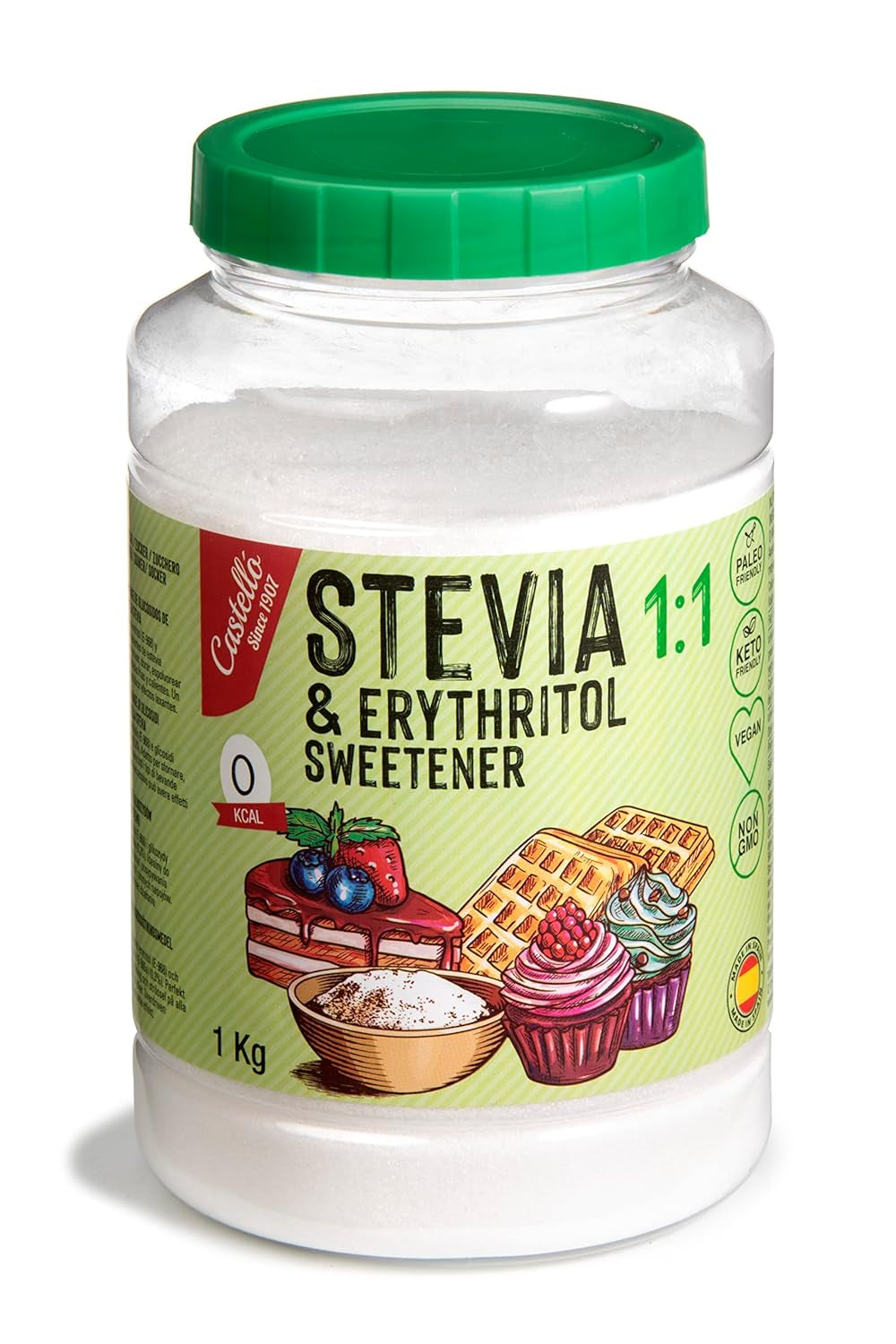 Stevia + Erythritol 1:1 Süßstoff | 1G = 1G Zucker | 100 % natürlicher Zuckerersatz – 0 Kalorien – 0 glykämischer Index – Keto und Paleo – 0 Netto-Kohlenhydrate – kein GVO – Castello seit 1907 – 1 kg Süßstoffe Naty Shop Standardtitel