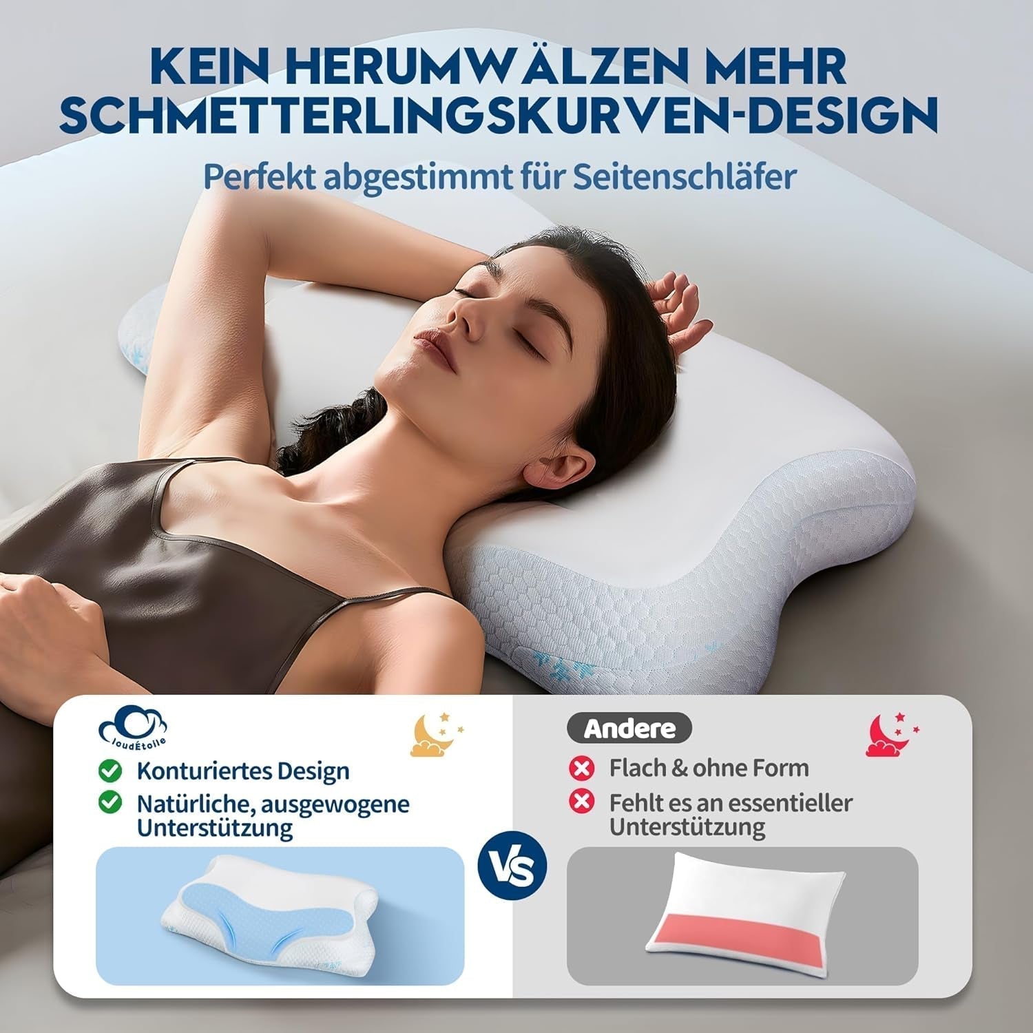 Cloudétoile pernă pentru gât pernă din spumă cu memorie - pernă ortopedică ergonomică 2 în 1 pernă din spumă visco pernă pentru dormit lateral, pernă de susținere a gâtului reglabilă pe înălțime pernă din spumă cu memorie, alb 64X38X12 cm Perne ortopedice cervicale Naty Shop