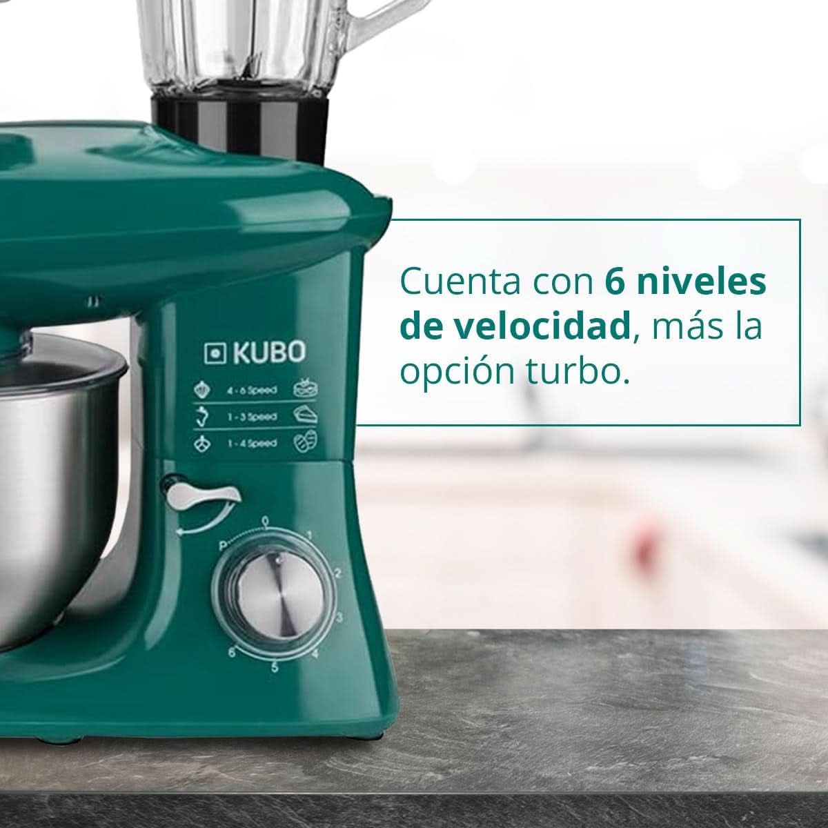 Küchenmaschine - 7 Zubehörteile: Mixbecher, Fleischwolf, Große Schüssel, Schutzdeckel, Schneebesen, Mixer Und Netmaschine - Farbe: Grün - Fassungsvermögen: 6 Liter Mutter und Kind Naty Shop