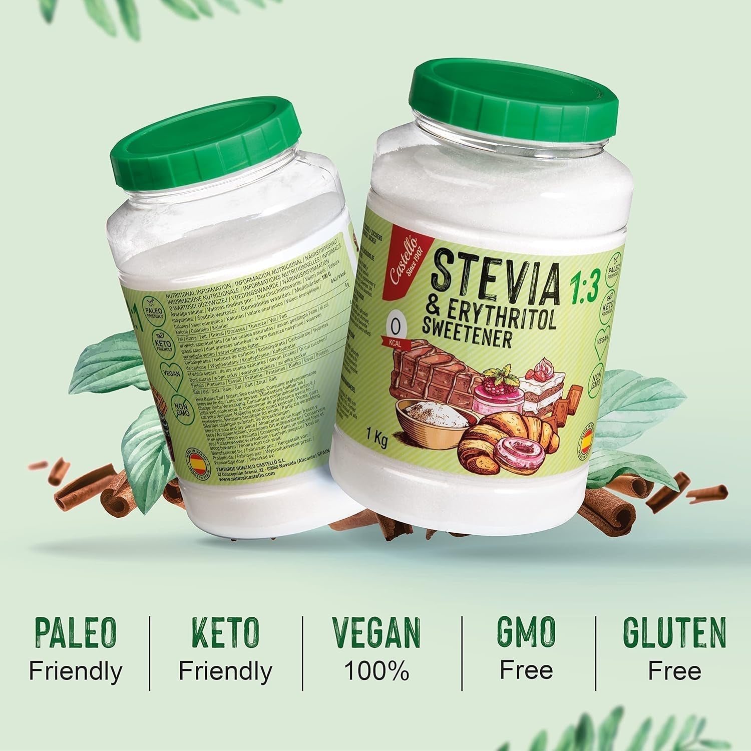 Stevia + Erythritol 1:3 Süßstoff | 1G = 3G Zucker | 100 % natürlicher Zuckerersatz – 0 Kalorien – 0 glykämischer Index – Keto und Paleo – 0 Netto-Kohlenhydrate – kein GVO – Castello seit 1907 – 1 kg Süßstoffe Naty Shop