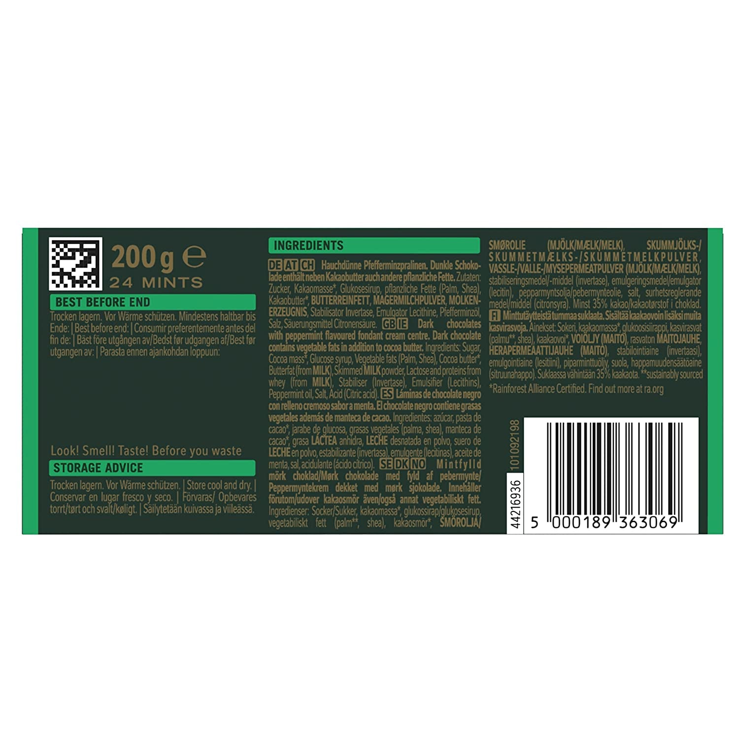 NESTLÉ AFTER EIGHT Dünne dunkle Schokoladenquadrate mit Minzcremefüllung für Genießer, 5er-Pack (1 x 200 g)