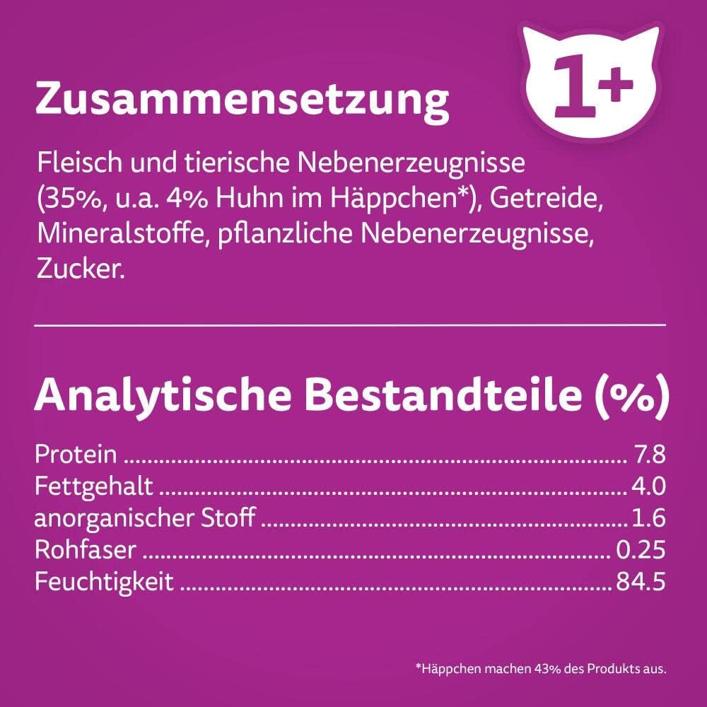 Hrană umedă Whiskas 1+ pentru pisici cu pui în jeleu, 28x85g (1 pachet) – Hrană umedă de înaltă calitate pentru pisici adulte în pliculețe cu 28 de porții