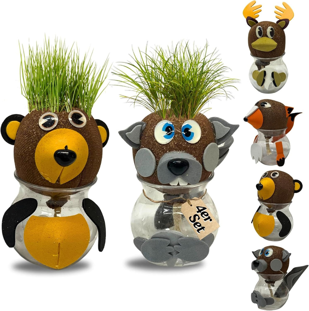 Bada Bing Graskopf 4er Set inkl. Wasserbehälter Waldtiere DIY Tiere – Rasenkopf Tierkopf mit Rasensamen – Experiment für Kinder – Spaß mit Lerneffekt – Geschenk Mitbringsel Kindergeburtstag Mitgebsel