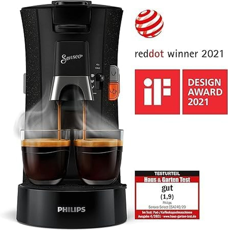 Espressor cu capsule Philips Senseo Select ECO, negru/pătat - alegere a intensității cafelei plus funcție de memorare, fabricat din plastic reciclat (CSA240/20)
