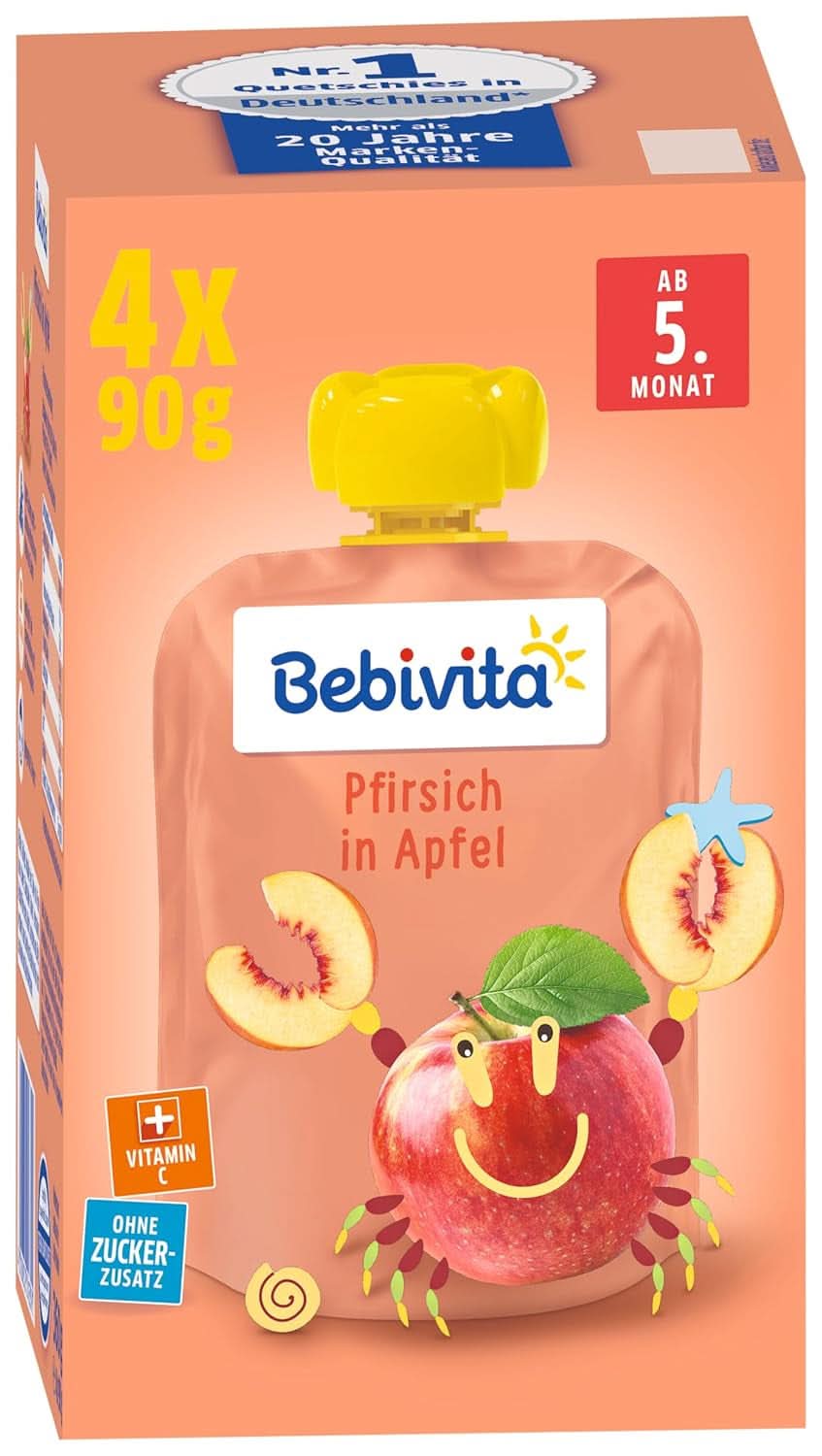 Lustige Früchte und Müsli für Kinder, ganz in Äpfeln-Bananen, 4er-Pack (4 x 90 Gramm) Mutter und Kind Naty Shop Pfirsich im Apfel