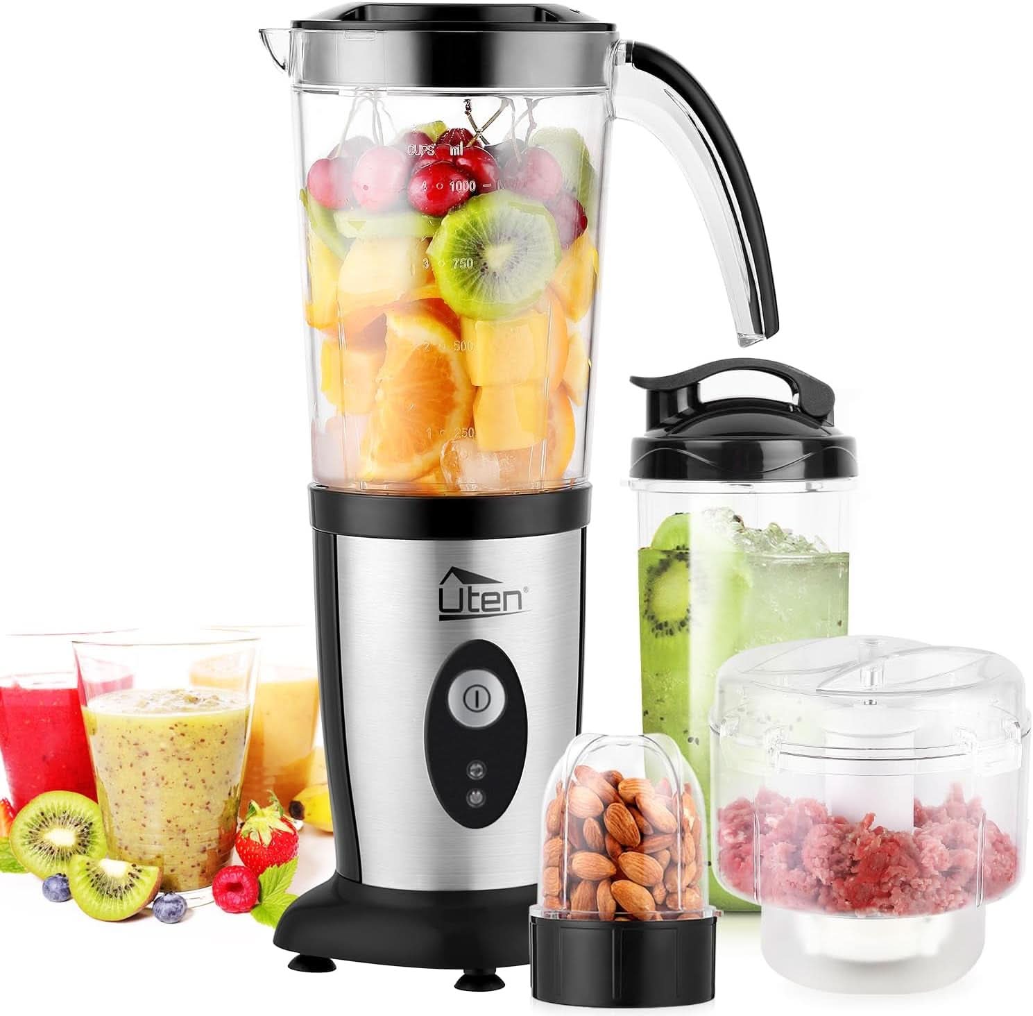 Uten Standmixer 2L, 1800 W Mixer Hochleistungsmixer, Pulse Und 5 Geschwindigkeiten, Edelstahlgehäuse, 6 Klingen, Macht Milchshake-Smoothies, Mahlbare Kaffeebohnen Mama si Copilul Naty Shop 1.25L (5 In 1)+220W+1 Gang