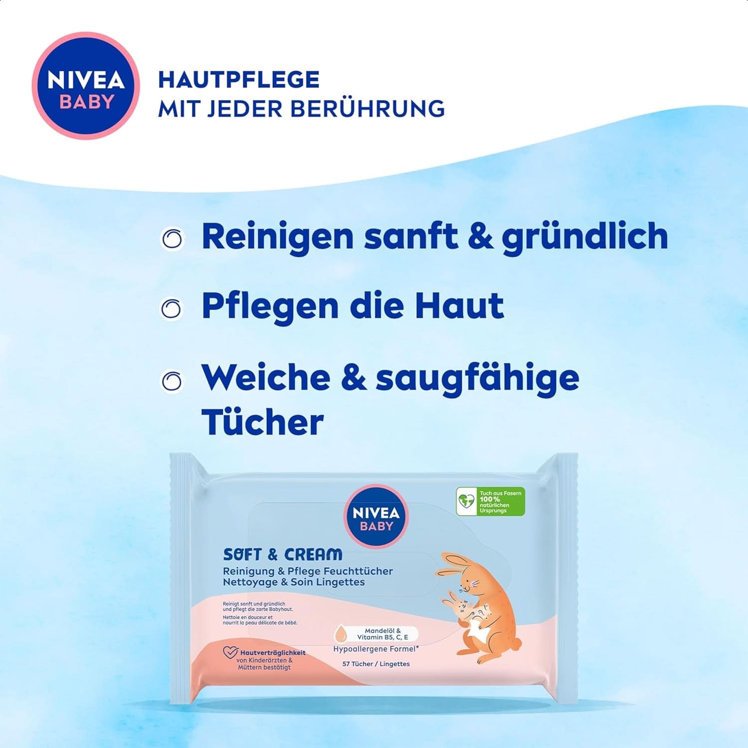 NIVEA Baby AQUA Feuchttücher, Babytücher zur sanften Reinigung empfindlicher Haut, hypoallergene und parfümfreie Feuchttücher für Babys mit 99 % Wasser (4 x 57 Stück) Baby-Feuchttücher Naty Shop